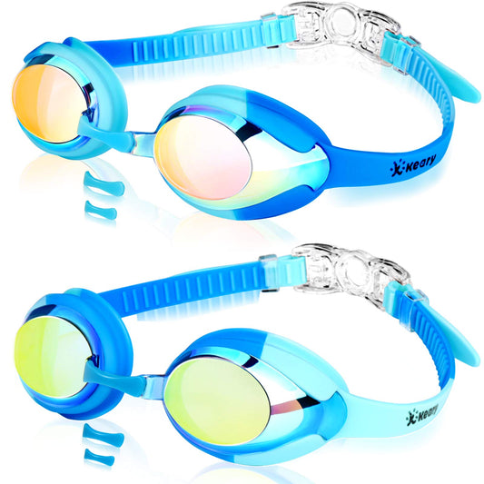 Keary 2 Pack Kids Swim Goggles Swimming Goggles for Toddler Children Girls Boys Youth, Anti-Fog Waterproof Anti-UV Clear Vision Mirror Flat Lens Water Pool Goggles with 3 Nose Piece, Boy Kids Goggles