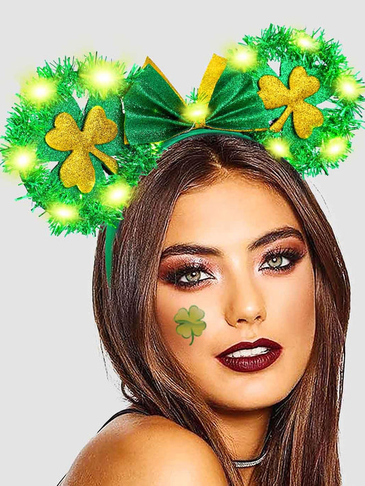 Aceorna Light Up St Patricks Day Headbands Led Green Mouse Ear Hairbands Clover Bow Hair Hoop Foil Irish Headpiece for Women (A)