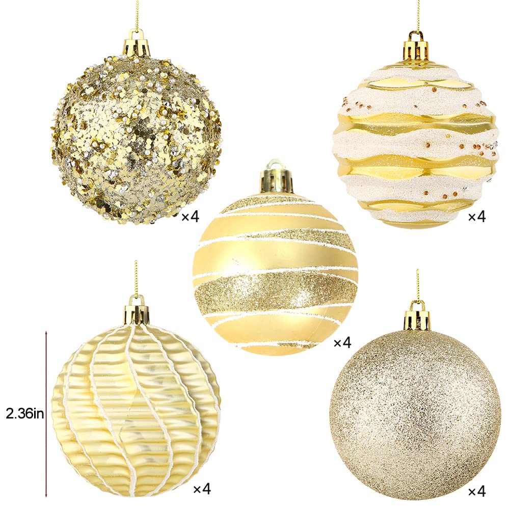 Sattiyrch 20ct Christmas Balls Ornaments Set,60mm/2.36" Gold Shatterproof Plastic Decorative Christmas Tree Decorations Set (Golden)