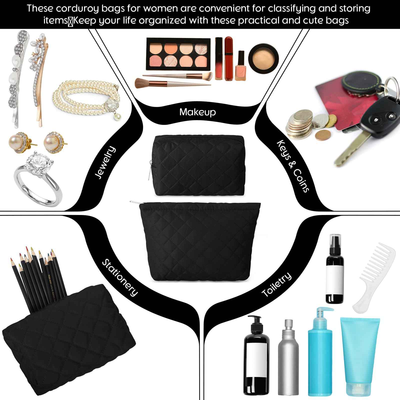 Huhumy 2 Pcs Pencil Case Quilted Makeup Bag Aesthetic Cosmetic Pouch for Women Puffer Travel Toiletry Bag Set Cotton Small Purse Pouch Makeup Organizer with Zipper(Black)