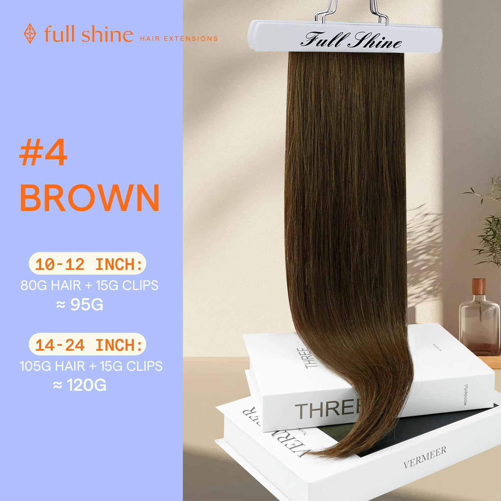 Full Shine Brown Clip in Human Hair 7 Pcs Natural Brown Clip in Extensions Real Human Hair Triple Weft Clip in Hair Extensions Brazilian Remy Hair for Short 12 Inch 95 G