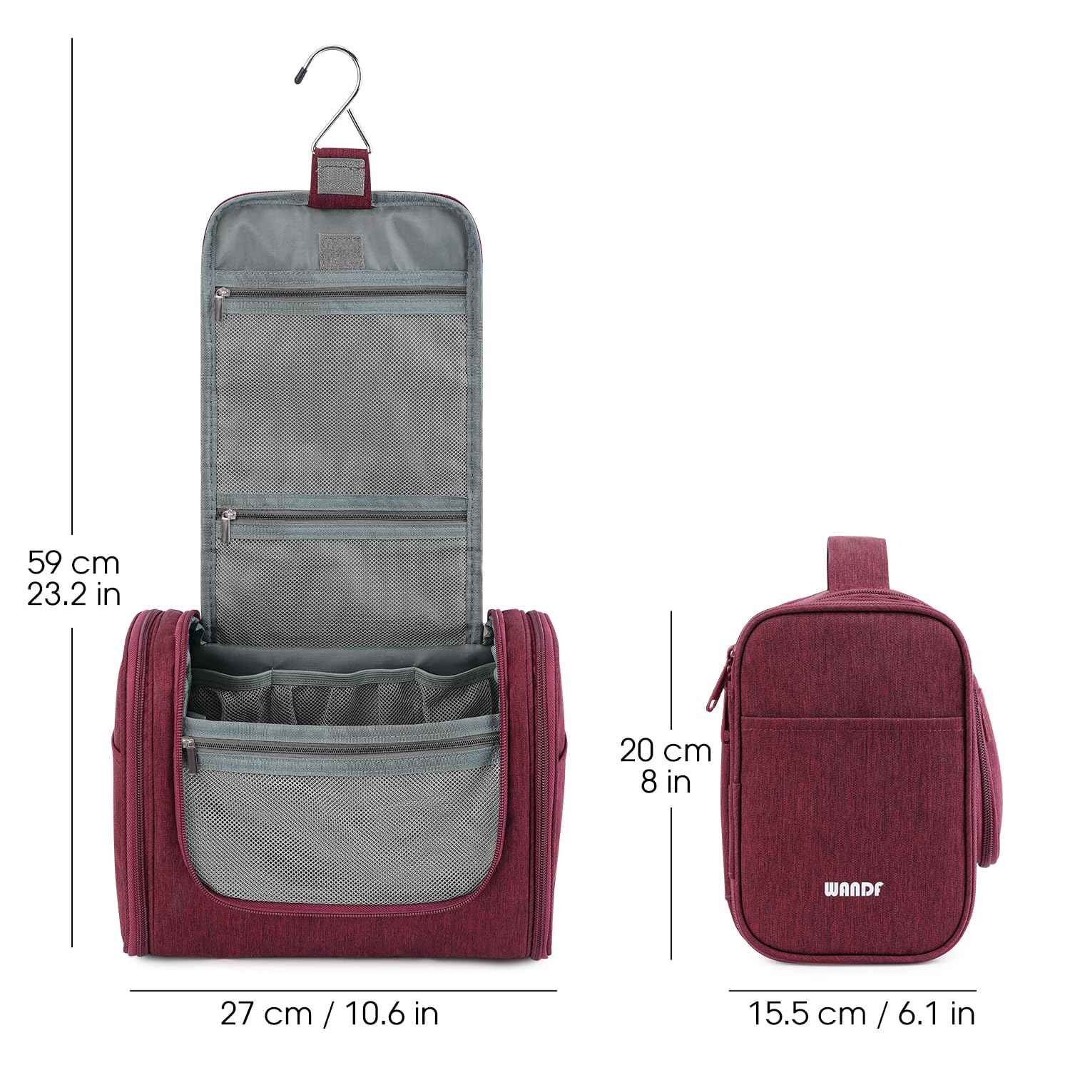 WANDF Large Hanging Toiletry Bag Travel Cosmetic Makeup Organizer Water-Resistant Shower Bathroom Bag for Women and Men (Red)