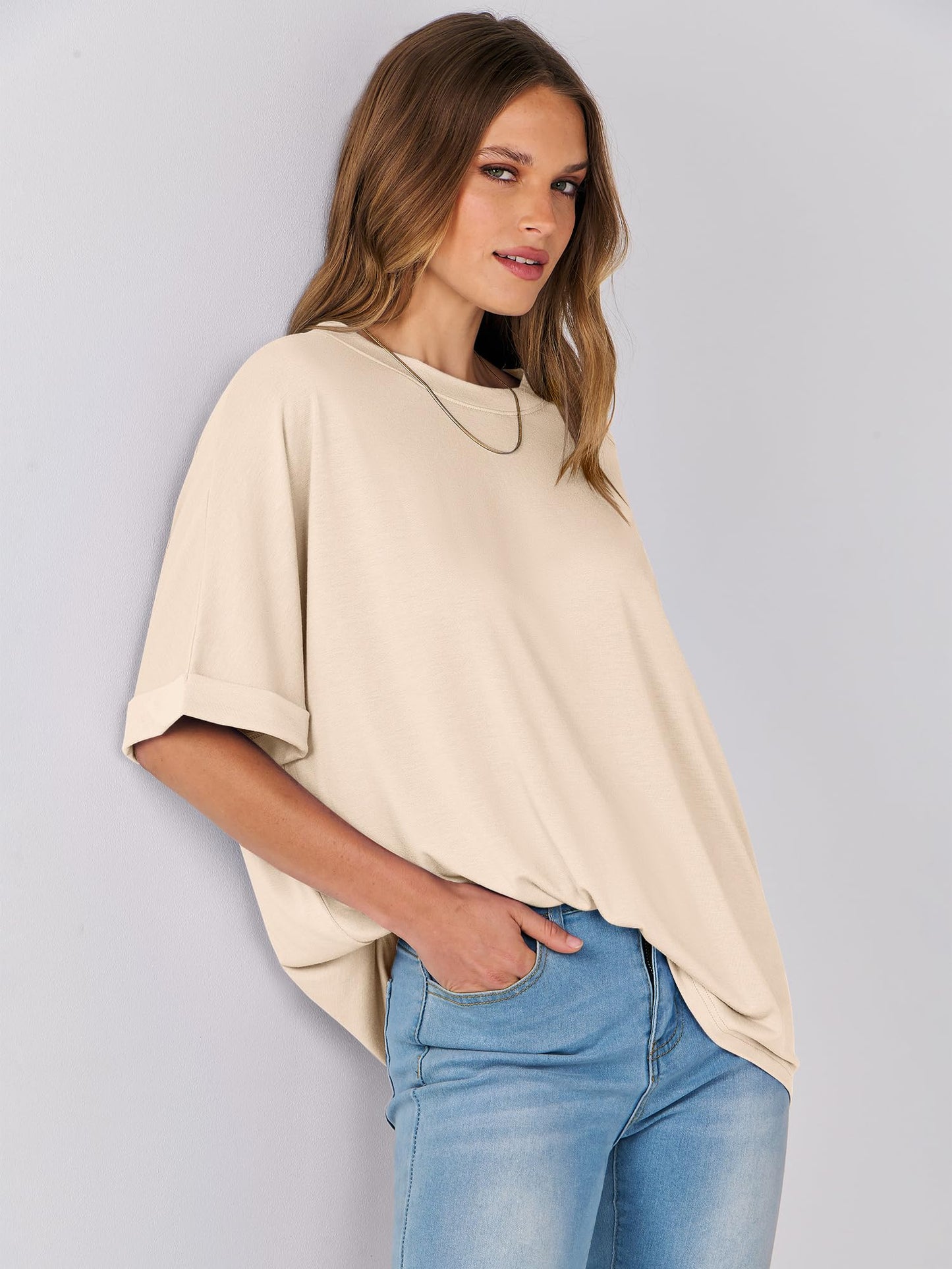 ANRABESS Women's Oversized T Shirts Short Sleeve Crewneck Summer Tops Casual Loose Basic Tee Shirts 2024 Trendy Clothes Cream Small