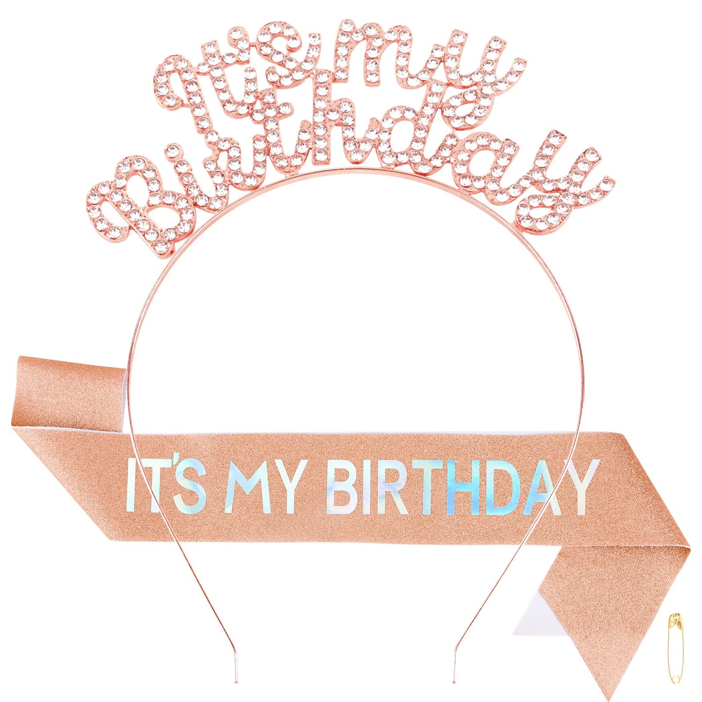 BAHABY It's My Birthday Sash & Birthday Headband Set Rhinestone Tiara Birthday Gifts for Women Girls Sweet Happy Birthday Accessories for Party- Rose Gold