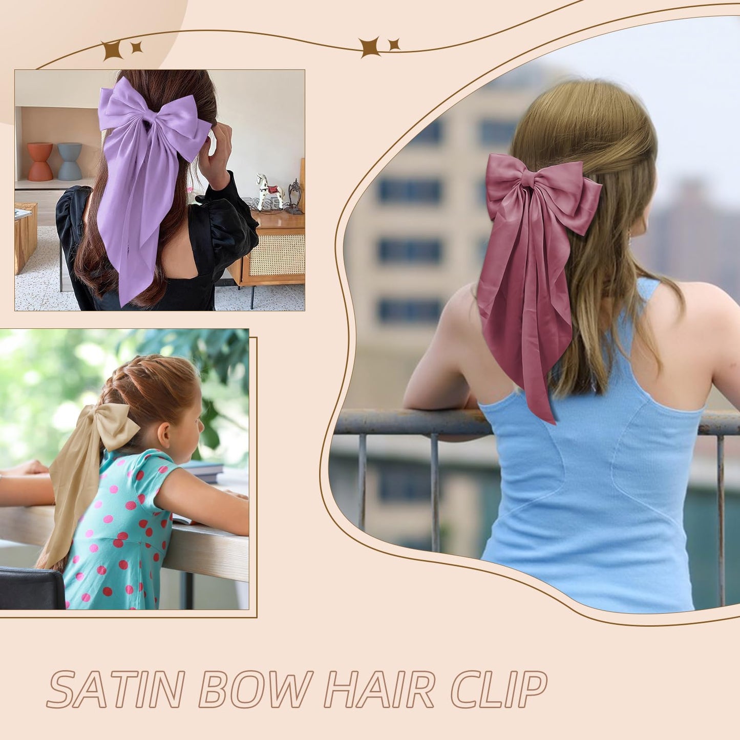 4PCS Large Silky Satin Hair Accessories - Cute Hair Ribbons with Long Tails, Ponytail Barrettes, and Hair Clips for Women (Purple, Green, Coffee, Pink) - Ideal Gift