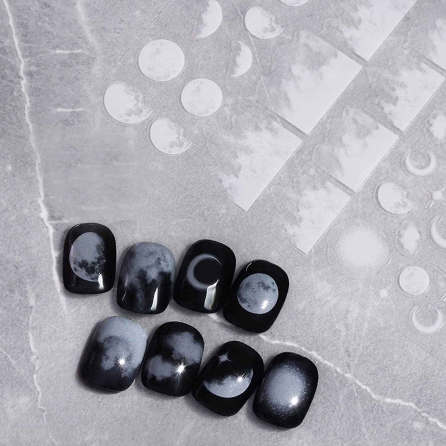 Night Sky Nail Art Sticker Decals 3D White Flowers Moon Star Cloud Pattern Nail Tips Semi Transparent Design Fashion Charm DIY Toenails Nail Tattoos for Women Girls Manicure Nail Decoration (3 sheets)