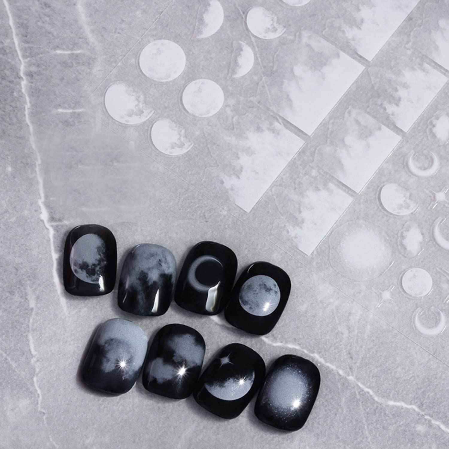 Night Sky Nail Art Sticker Decals 3D White Flowers Moon Star Cloud Pattern Nail Tips Semi Transparent Design Fashion Charm DIY Toenails Nail Tattoos for Women Girls Manicure Nail Decoration (3 sheets)