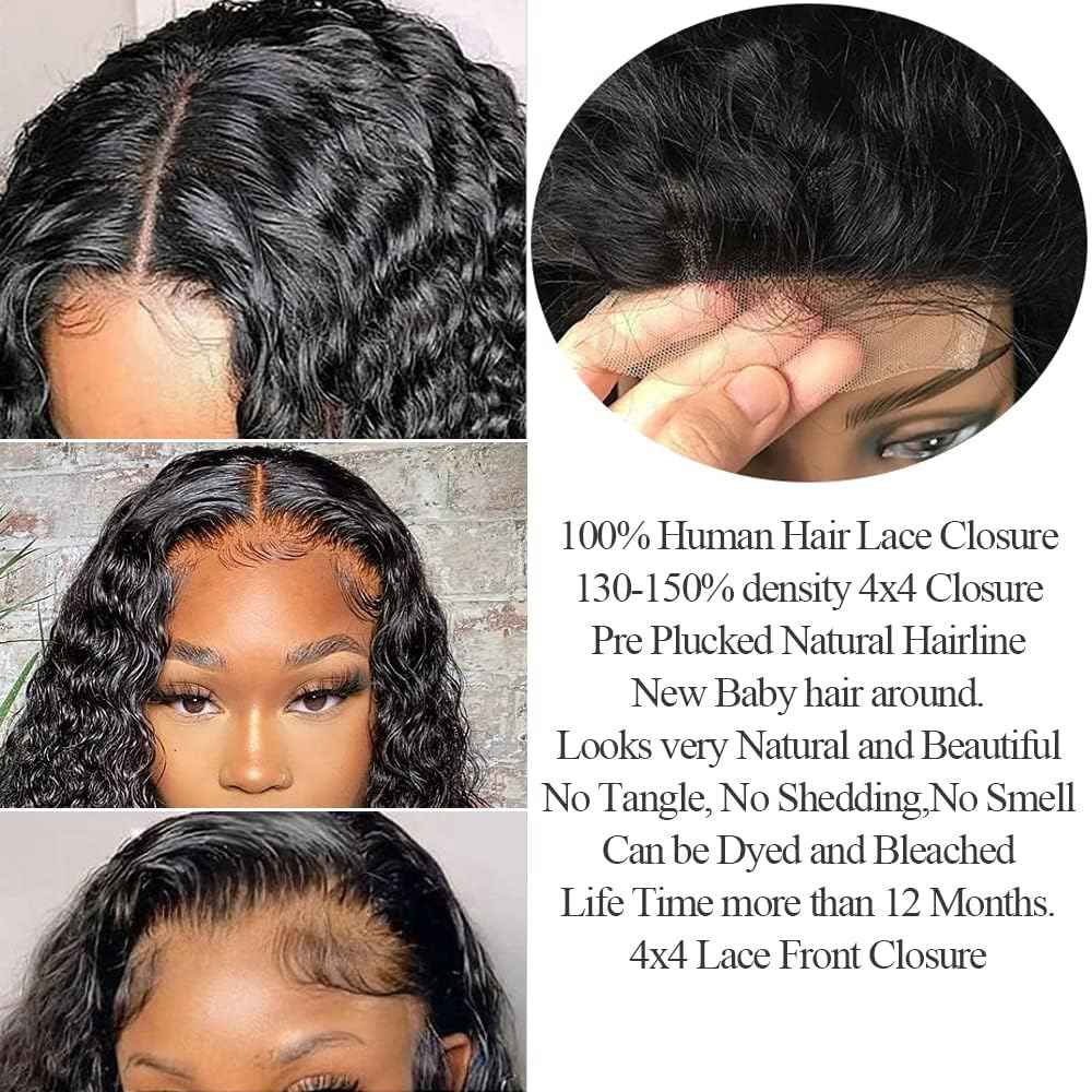 QTHAIR Water Wave HD Lace Closure 16A 4x4 Swiss Lace Closure Free Part Closure Wet and Wavy Human Hair Closure 20" Natural Color 150% Density Unprocessed Curly Closure Human Hair Lace Frontal Closure