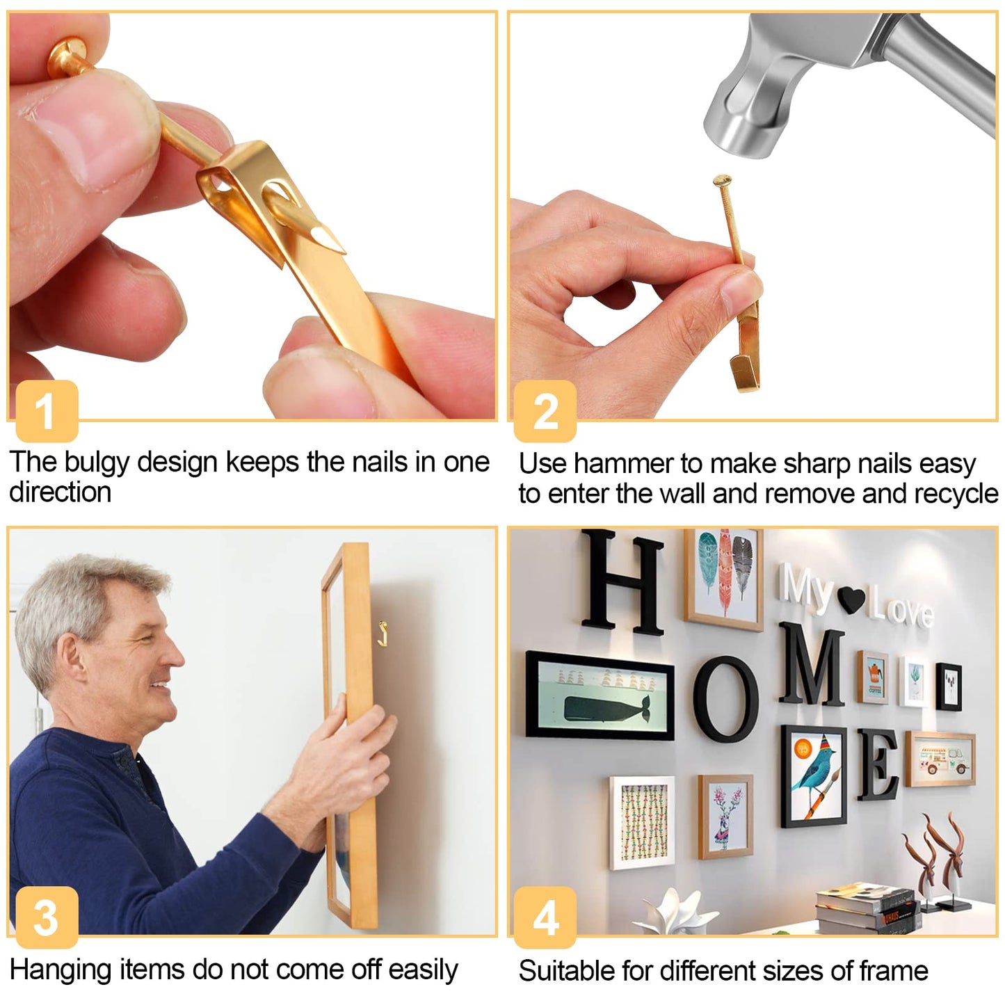 304 Pieces Picture Hanging Kit, 10lb, 30lb, 50lb and 100lb Picture Hangers, Metal Picture Hanging Hooks with Nails, on Drywall, Wooden Wall(Gold)