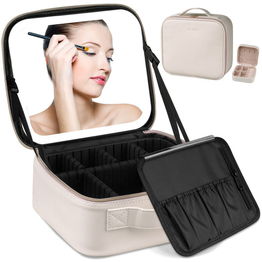 AZ GOGO Travel Makeup Bag with Light up Mirror, Makeup Train Case with Lighted Mirror 3 Color Brightness, Waterproof Portable Cosmetic Bag Organizer (Creamy White)