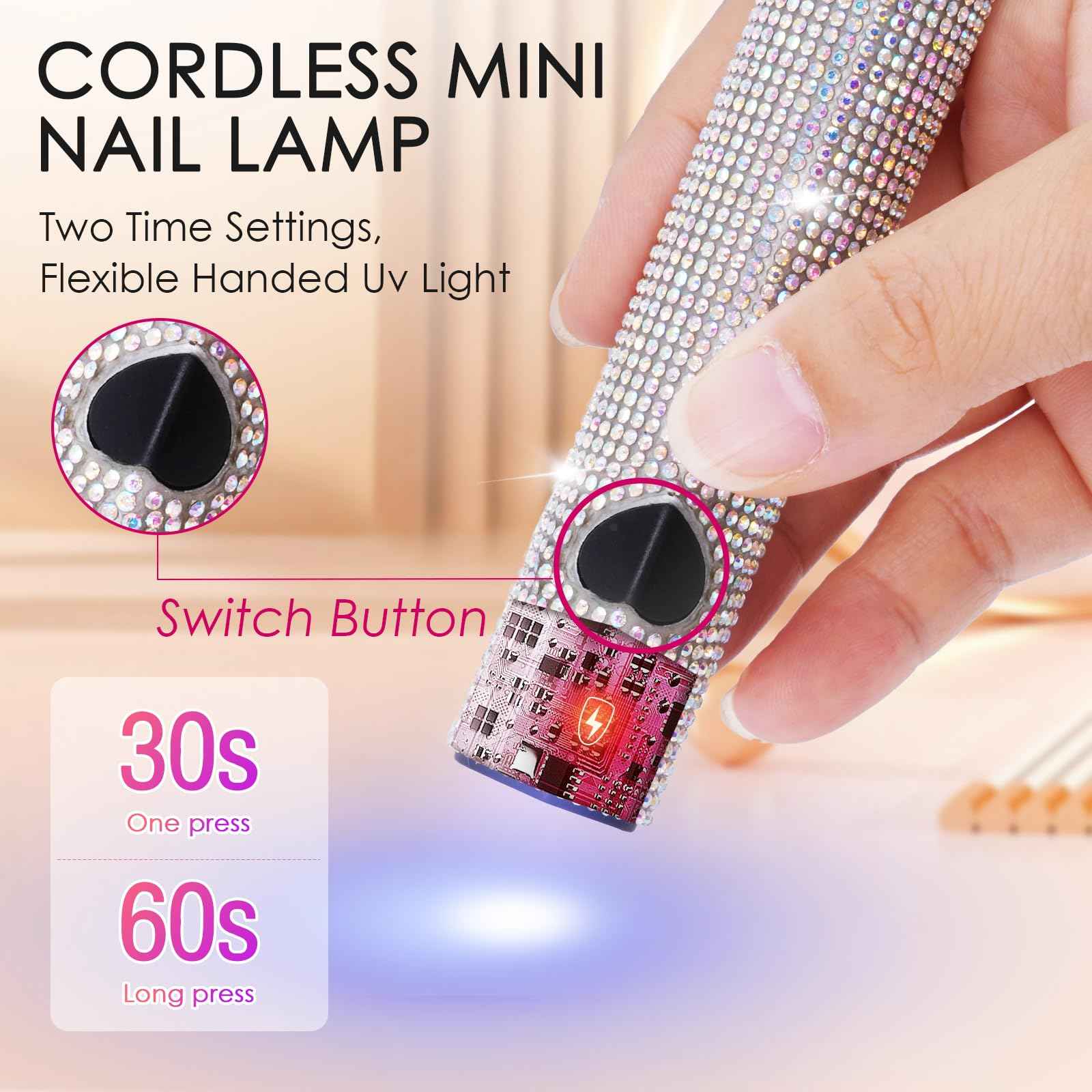 Linssy 10W Handheld UV Light for Gel Nails Mini Nail Lamp with USB Rechargeable Flash Cure Lamp, 3D Nail Art & Home Use (Diamond)