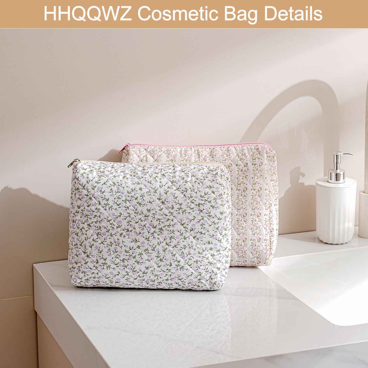 HHQQWZ Large Travel Makeup Bag Cosmetic Bag for Women Girls, Cute Large Floral Cotton Cosmetic Bag, Zipper Toiletry Bag Makeup Brushes Accessories Organizer Storage Bag (Pink Floral)