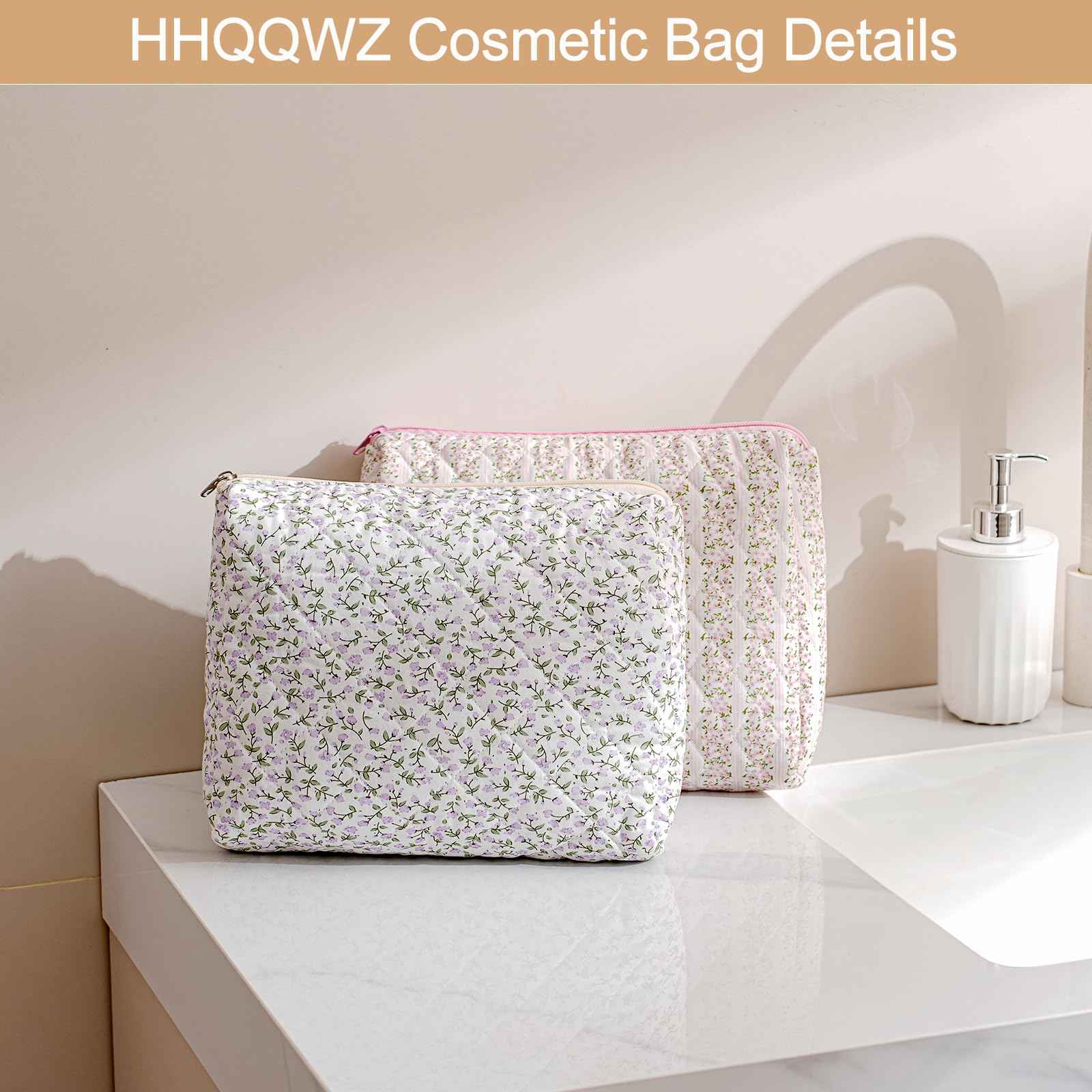 HHQQWZ Large Travel Makeup Bag Cosmetic Bag for Women Girls, Cute Large Floral Cotton Cosmetic Bag, Zipper Toiletry Bag Makeup Brushes Accessories Organizer Storage Bag (Pink Floral)