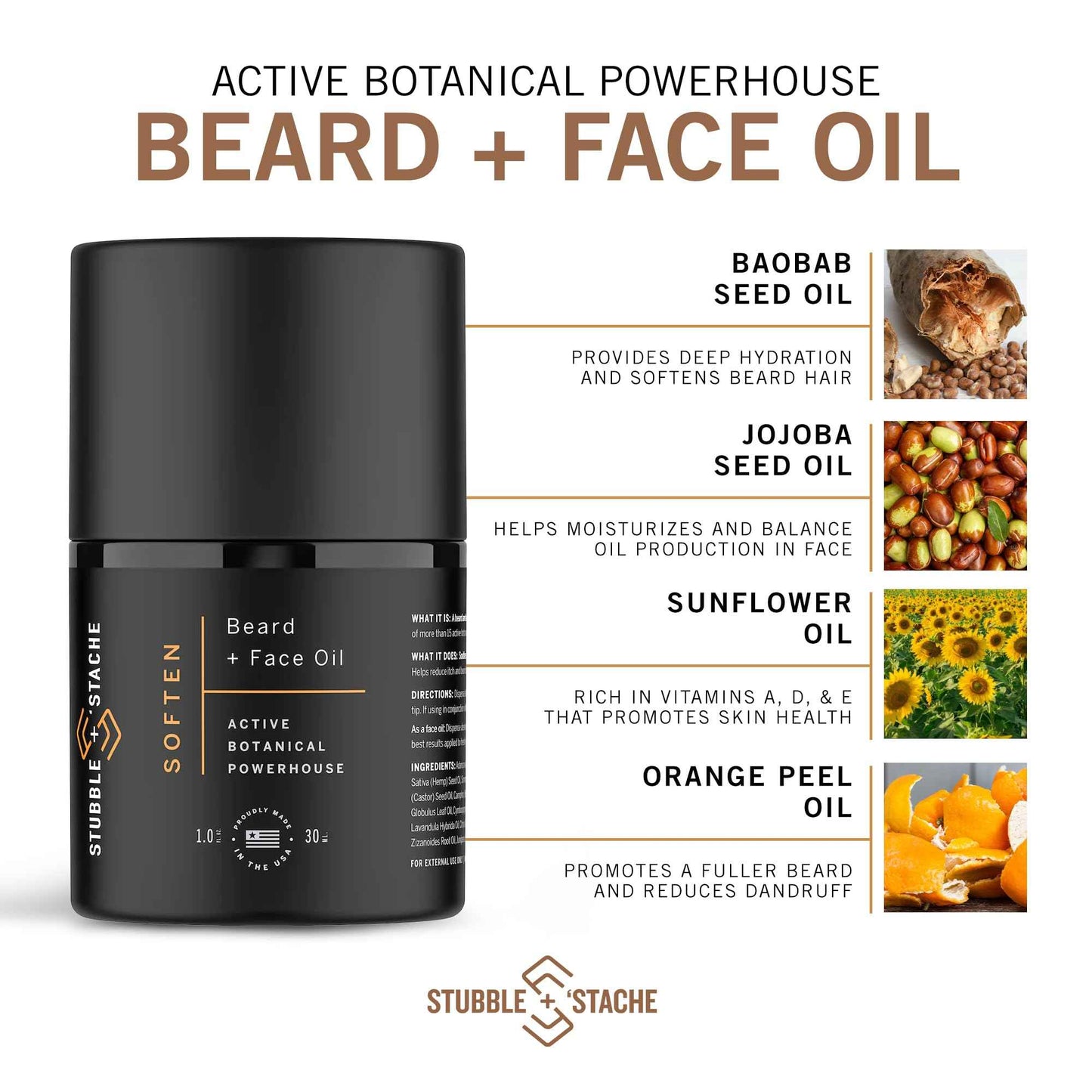 stubble & stache Hydrating Beard Oil for Men – Dual-Use Face & Beard Moisturizer & Conditioner with Baobab, Jojoba & Argan – Softens Hair, Stops Itch & Dry Skin – Lightweight Non-Greasy Oil, 1 fl oz