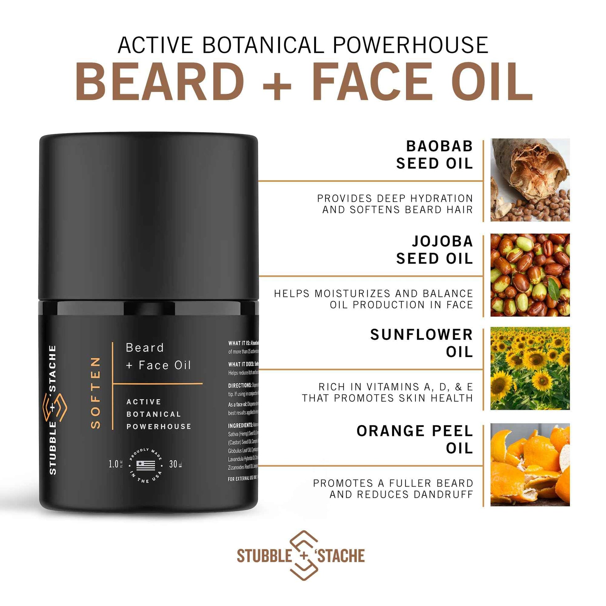 stubble & stache Hydrating Beard Oil for Men – Dual-Use Face & Beard Moisturizer & Conditioner with Baobab, Jojoba & Argan – Softens Hair, Stops Itch & Dry Skin – Lightweight Non-Greasy Oil, 1 fl oz
