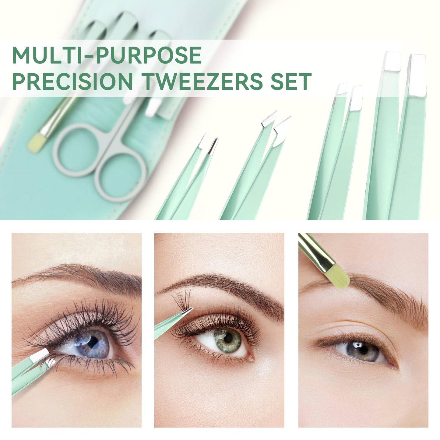 Tweezer Set, 6 Pcs Tweezers Set for Women, Precision Tweezer for Eyebrows with Curved Scissors, Eyebrow Grooming Kit for Ingrown Hair with Leather Case, Mint Green