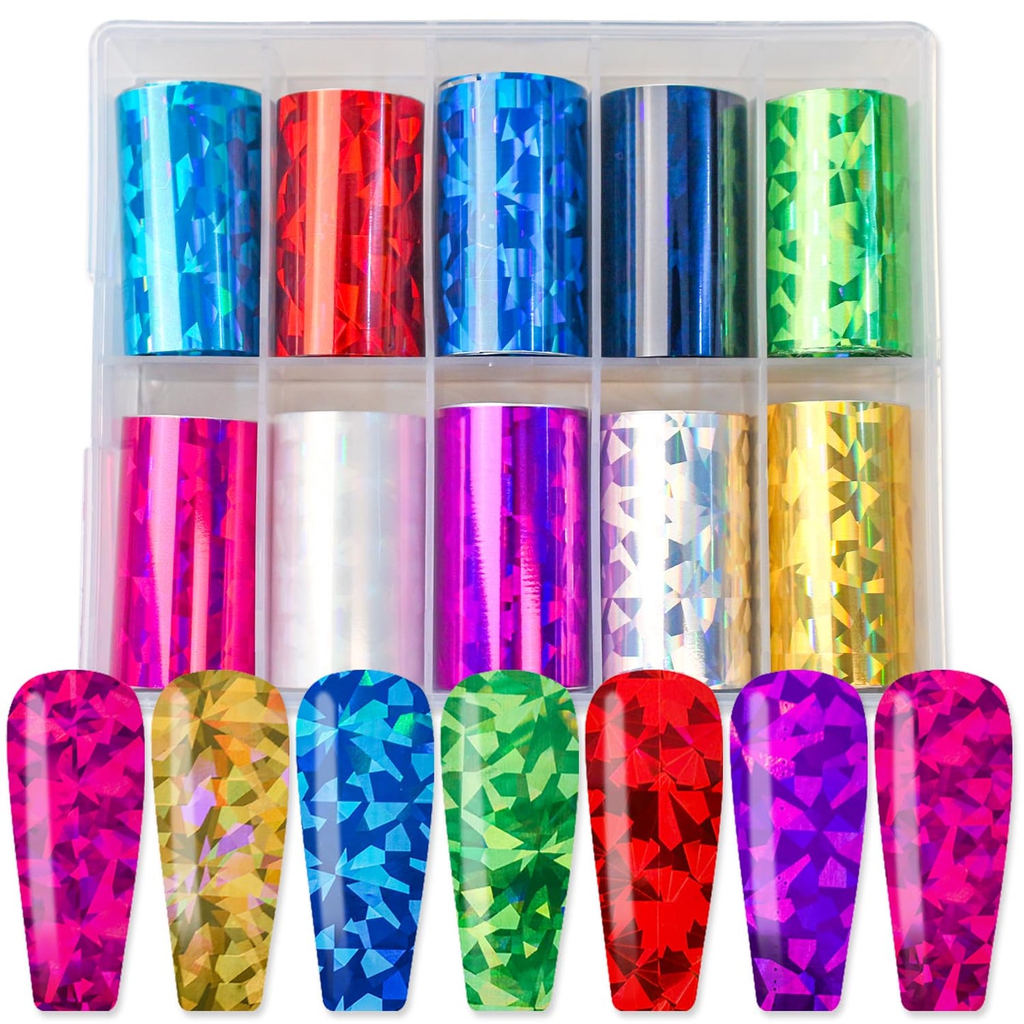 DANNEASY 10 Roll iridescent Cellophane Nail Foil Transfer Holographic Nail Foils Sheets Aurora Glass Nail Stickers Starry Sky Nail Art Foil Nail Glitter Nails Design 3D Nail Decoration