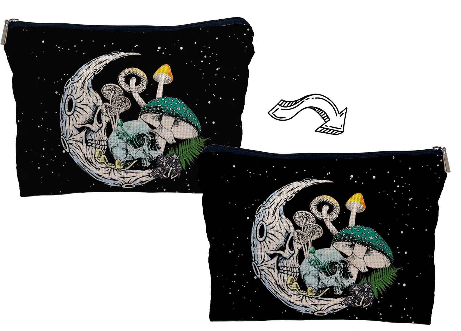 Lacosu Gothic Skull Moon Colourful Mushroom Makeup Bag,Halloween Skull Skeleton Cosmetic Makeup Bag for Women Girls,Gifts for Gothic Lovers Teens Women Girls Daughter Sister Friends