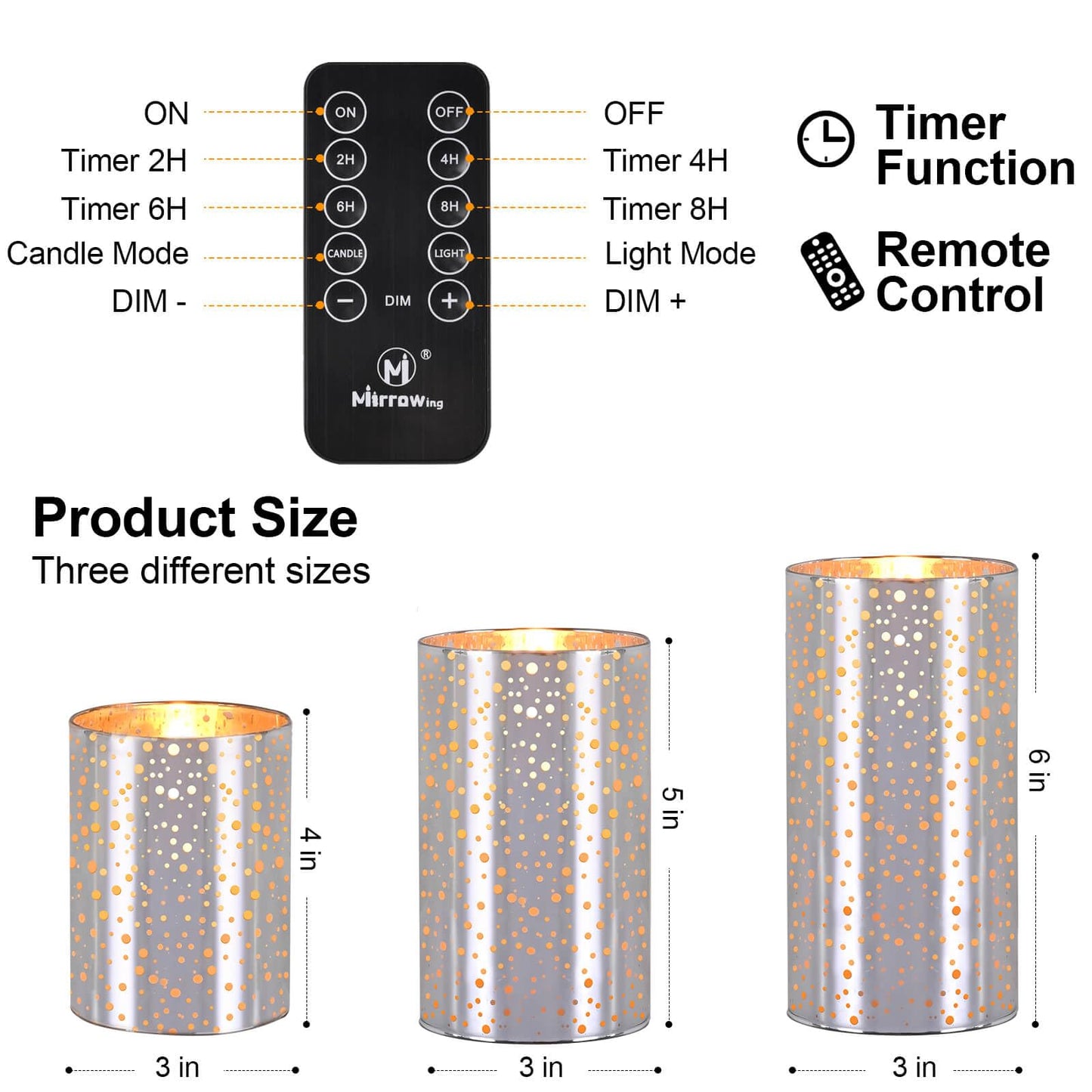 M Mirrowing Flameless Candles with Remote and Timer, Battery Operated Flickering LED Candles, Real Wax, AA Batteries Included, Silver Christmas Candles for Aniversary, Holidays, Birthday, Wedding