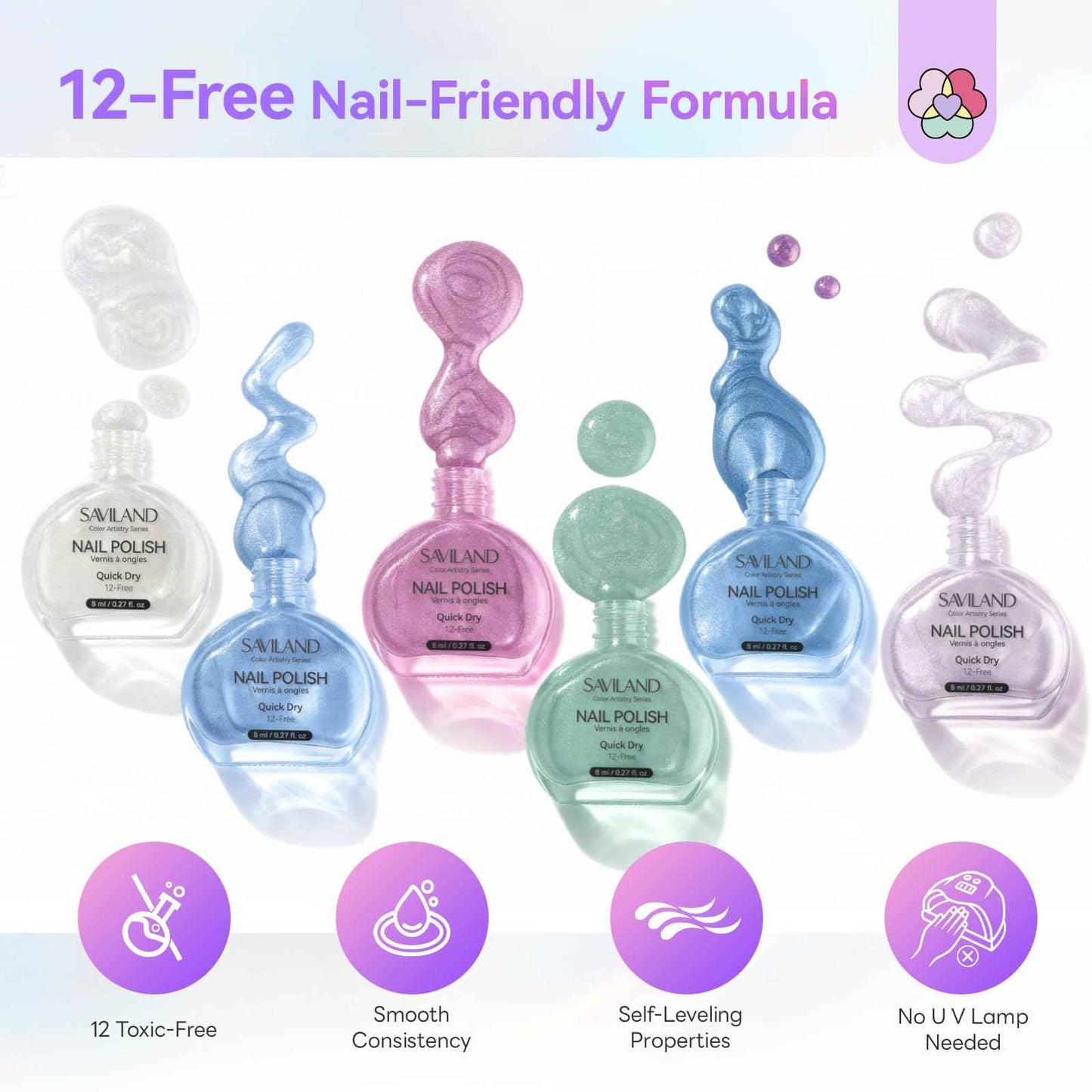 SAVILAND Color Artistry Quick-Dry Aurora Nail Polish Kit: 6+1 Colors Nail Polish Set with 3-in-1 Base Top Coat Cuticle Oil Pearl Glitter Pink Blue Green 12-Free Fingernail Polish for Women Girls Gift