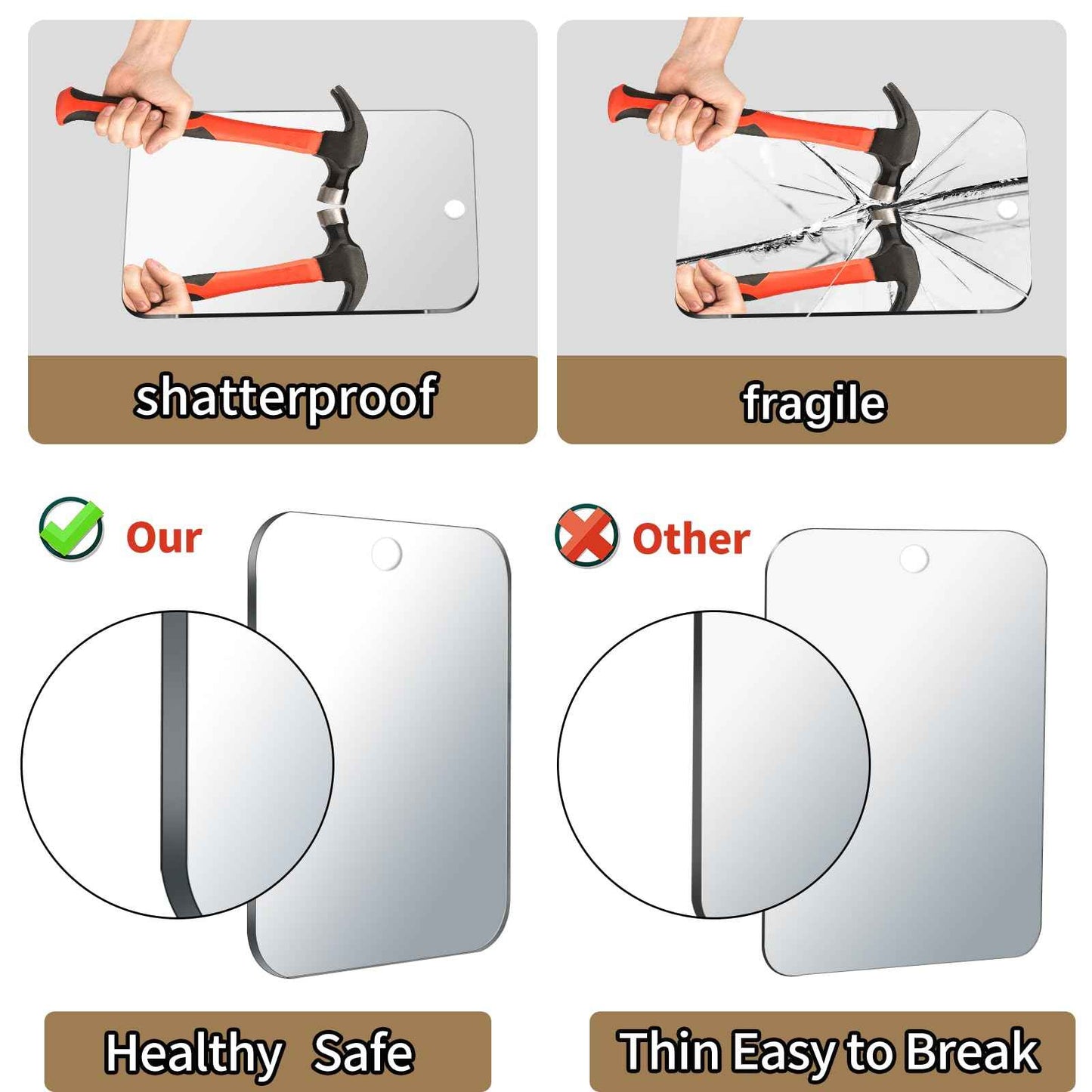 2 Pack Shower Mirror for Shaving, Larger 10.7x8 In Mirror for Wall Hanging Kids Safety, Frameless Portable Travel Camping Mirrors, Unbreakable Handheld Locker Shave Mirror, Makeup Plastic, NOT Fogless