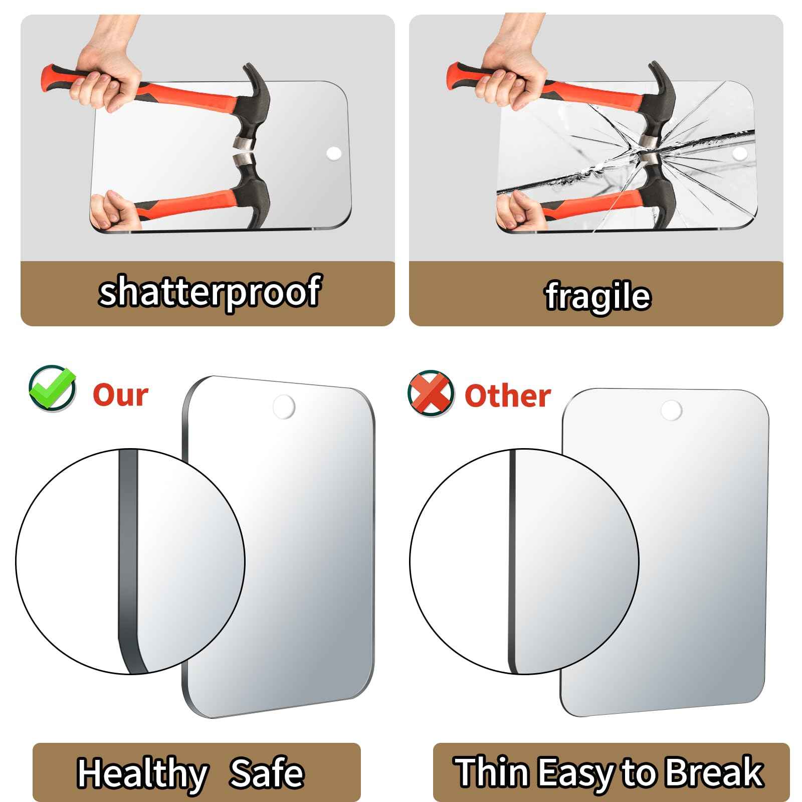 2 Pack Shower Mirror for Shaving, Larger 10.7x8 In Mirror for Wall Hanging Kids Safety, Frameless Portable Travel Camping Mirrors, Unbreakable Handheld Locker Shave Mirror, Makeup Plastic, NOT Fogless