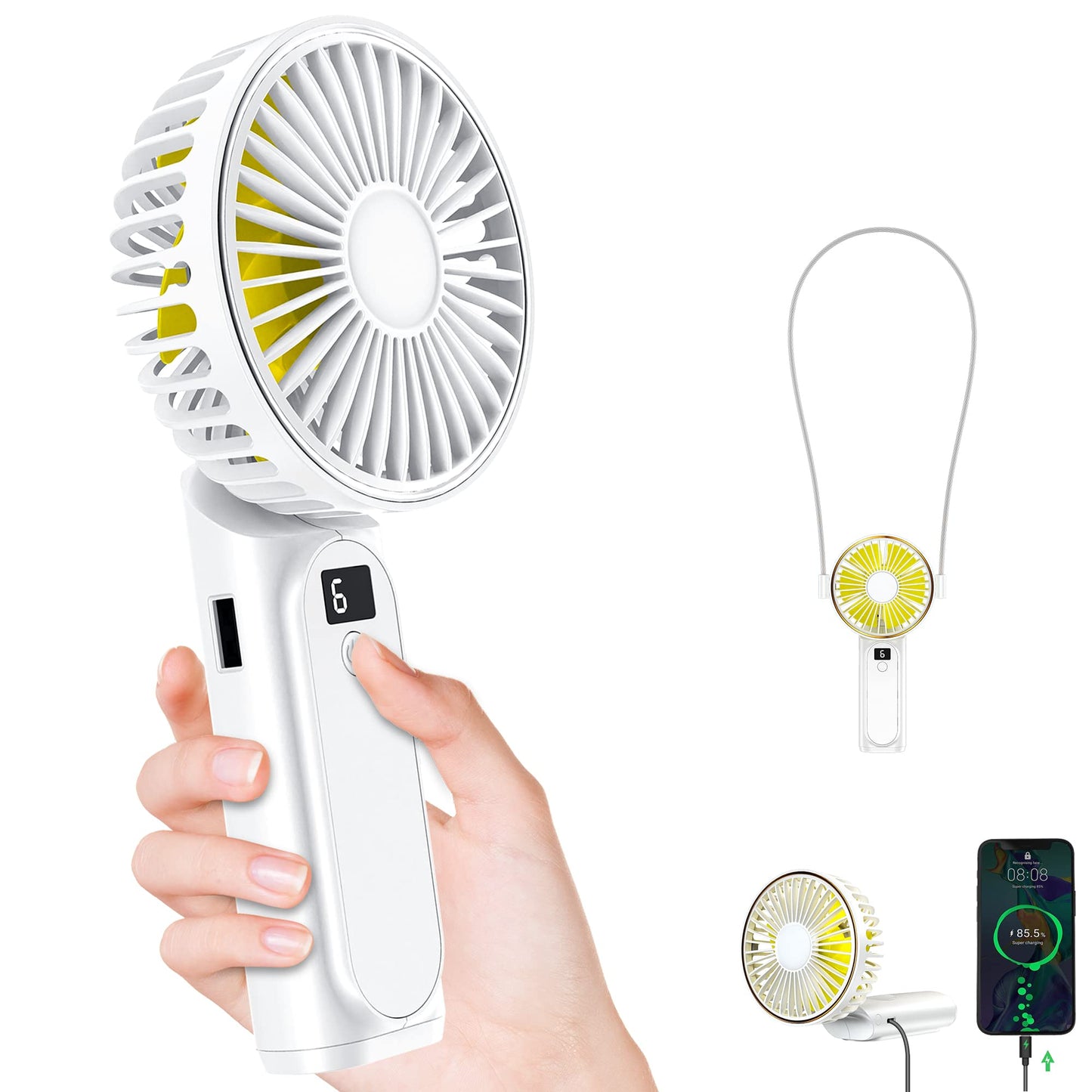 TUNISE Portable Handheld Fan, Portable Fan Rechargeable, 4000mAh, 180° Adjustable, 6 Speed Wind, Display Electricity in Real Time, USB Rechargeable Foldable Fan, Quiet Personal Fan with Power Bank