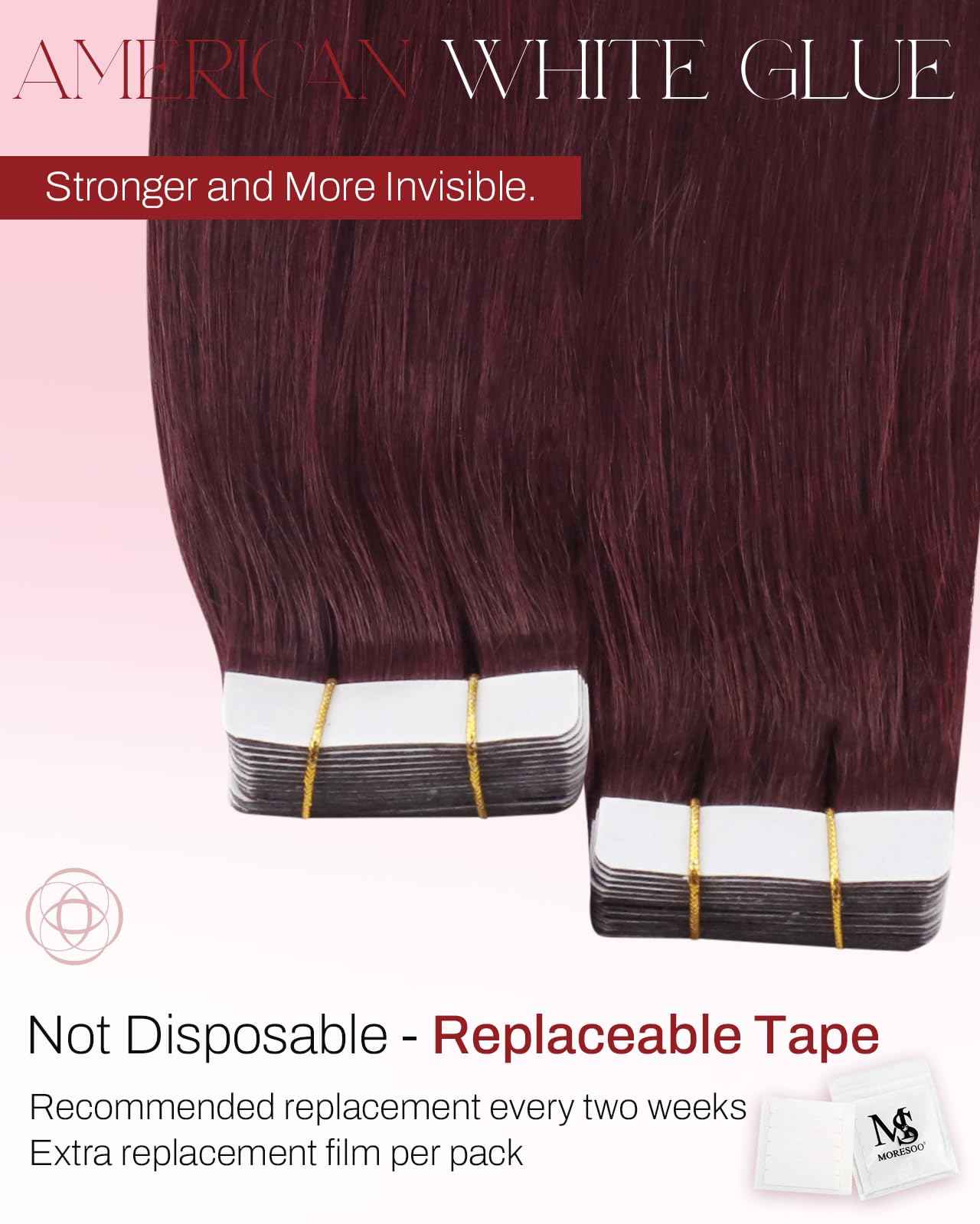 Moresoo Burgundy Tape in Hair Extensions Human Hair Invisible Tape in Extensions Real Hair Wine Red Extensions Glue in Human Hair Seamless Extensions Straight #99J 20pcs 40g 14 Inch