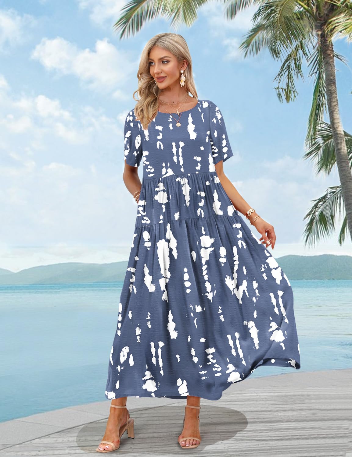 YESNO Women Casual Loose Bohemian Floral Dress with Pockets Short Sleeve Long Maxi Summer Beach Swing Dress S EJF CR147