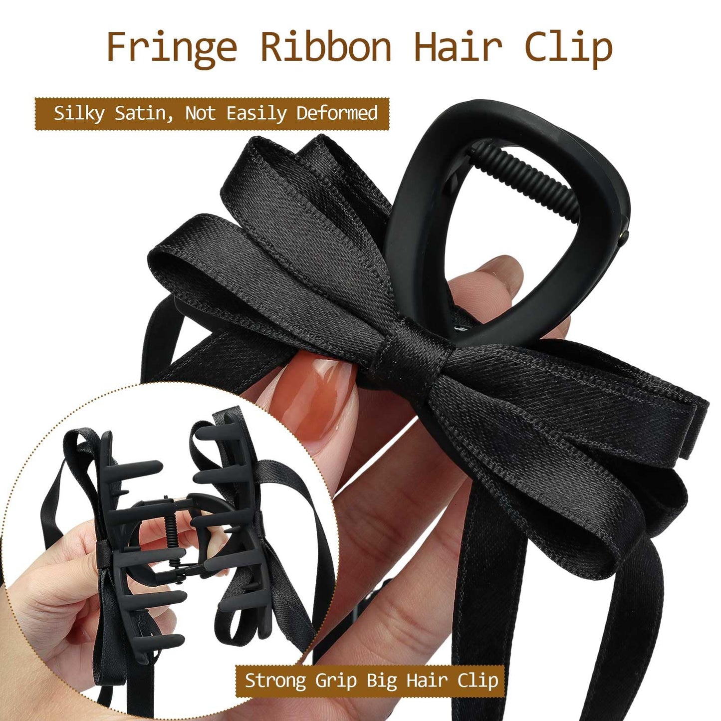 FWUNYVN 3Pcs Bow Hair Clips with Long Tail for Women,Hair Bows with Long Tail,Tassel Ribbon Hair Claw Clips,Bowknot Aesthetic Hair Accessories for Thin Thick Curly Hair (Black+White+Brown)