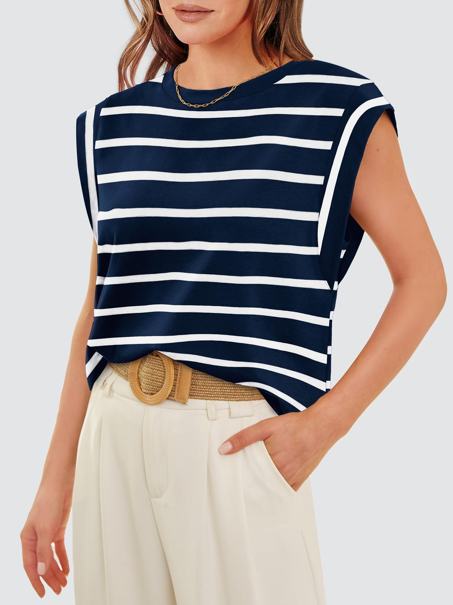 WIHOLL Navy Blue and White Stripe Shirt Basic Tee Soft Sleeveless Tank Tops Trendy Summer Outfits Fashion Clothes 2024 S