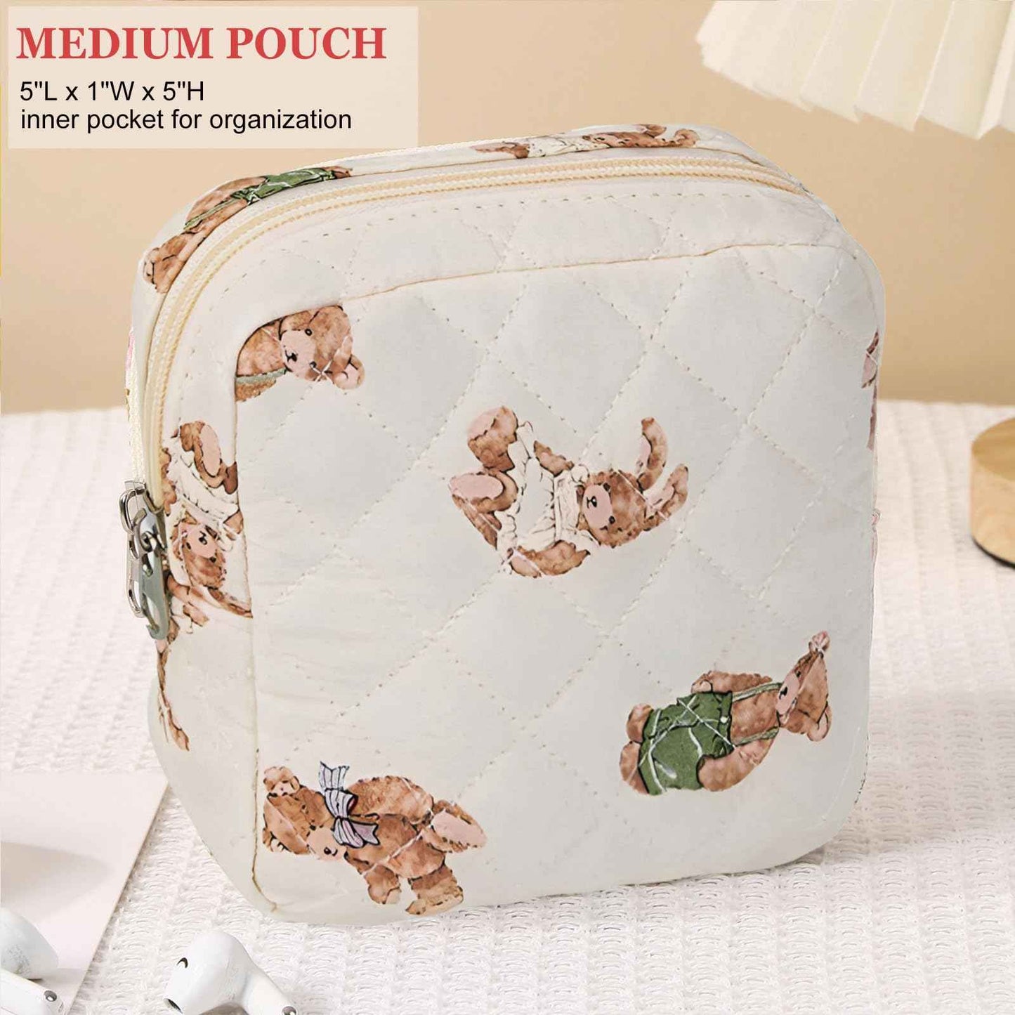 HAPPYHEIDI Quilted Cotton Drawstring Makeup Bag Set 2 Size w Compartment Cosmetic Toiletry Travel Pouch,Purse Organizer,Brown Teddy Bears