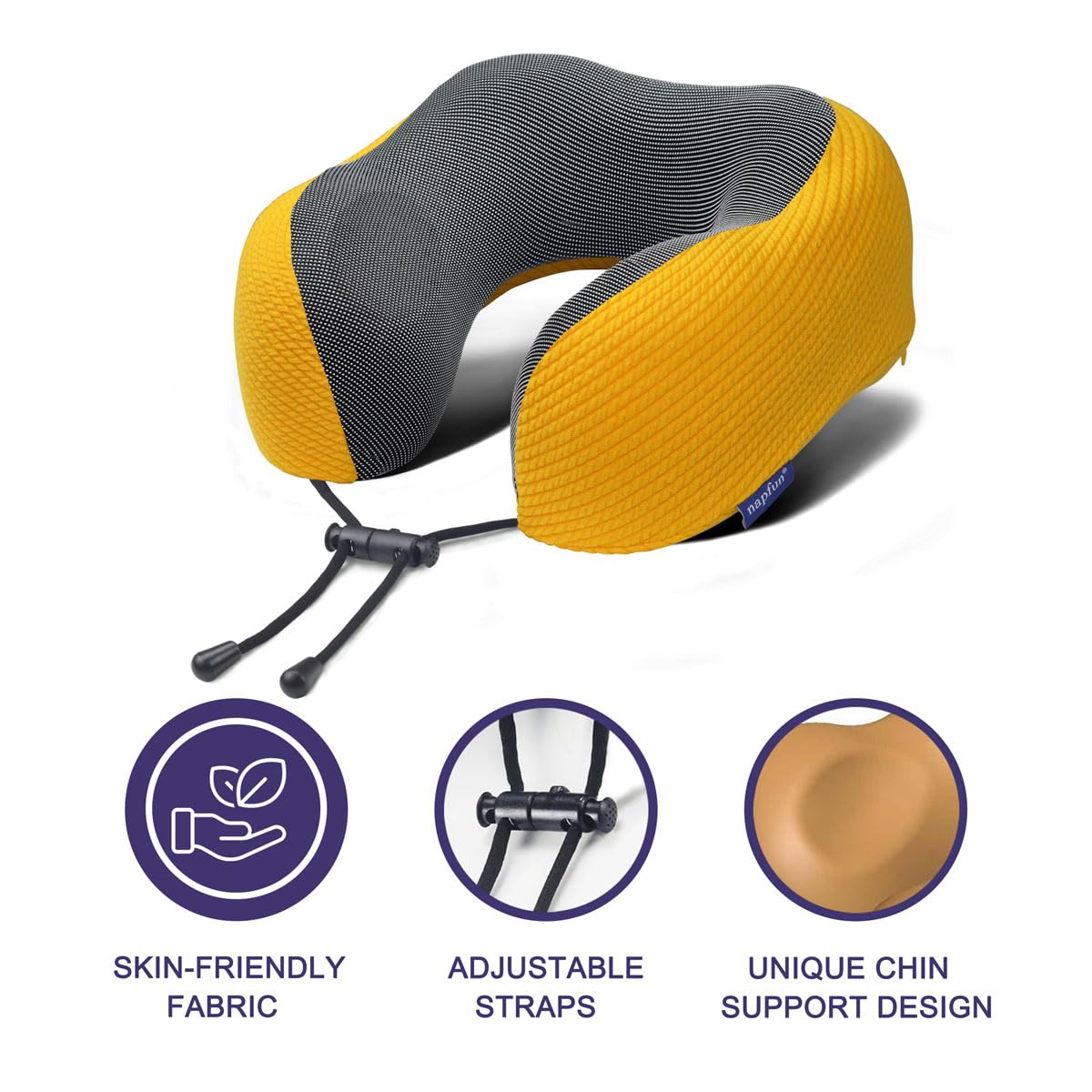 napfun Neck Pillow for Traveling, Upgraded Travel Neck Pillow for Airplane 100% Pure Memory Foam Travel Pillow for Flight Headrest Sleep, Portable Plane Accessories, Yellow, Medium (120-200LB)