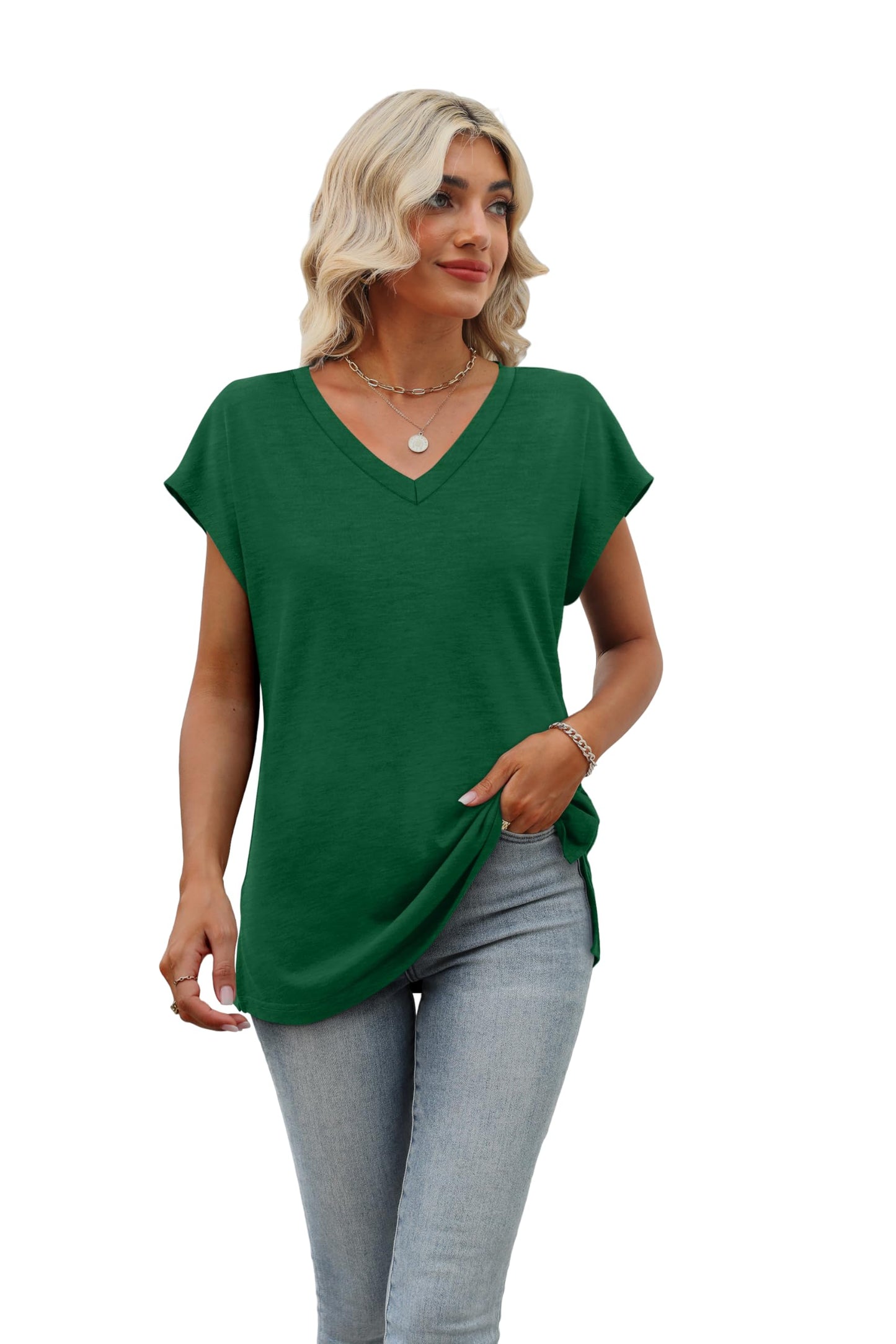 Womens Short Sleeve Summer Tops Trendy Tank Tops V Neck Loose Fit Shirts Green S