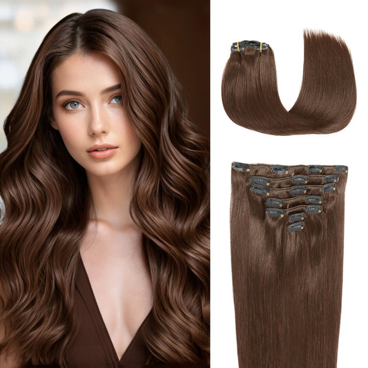 Clip in Human Hair Extensions Remy Chocolate Brown Hair Extensins Clip in Straight Real Hair Extensions Natural Hair 7pcs 120g 20 Inch