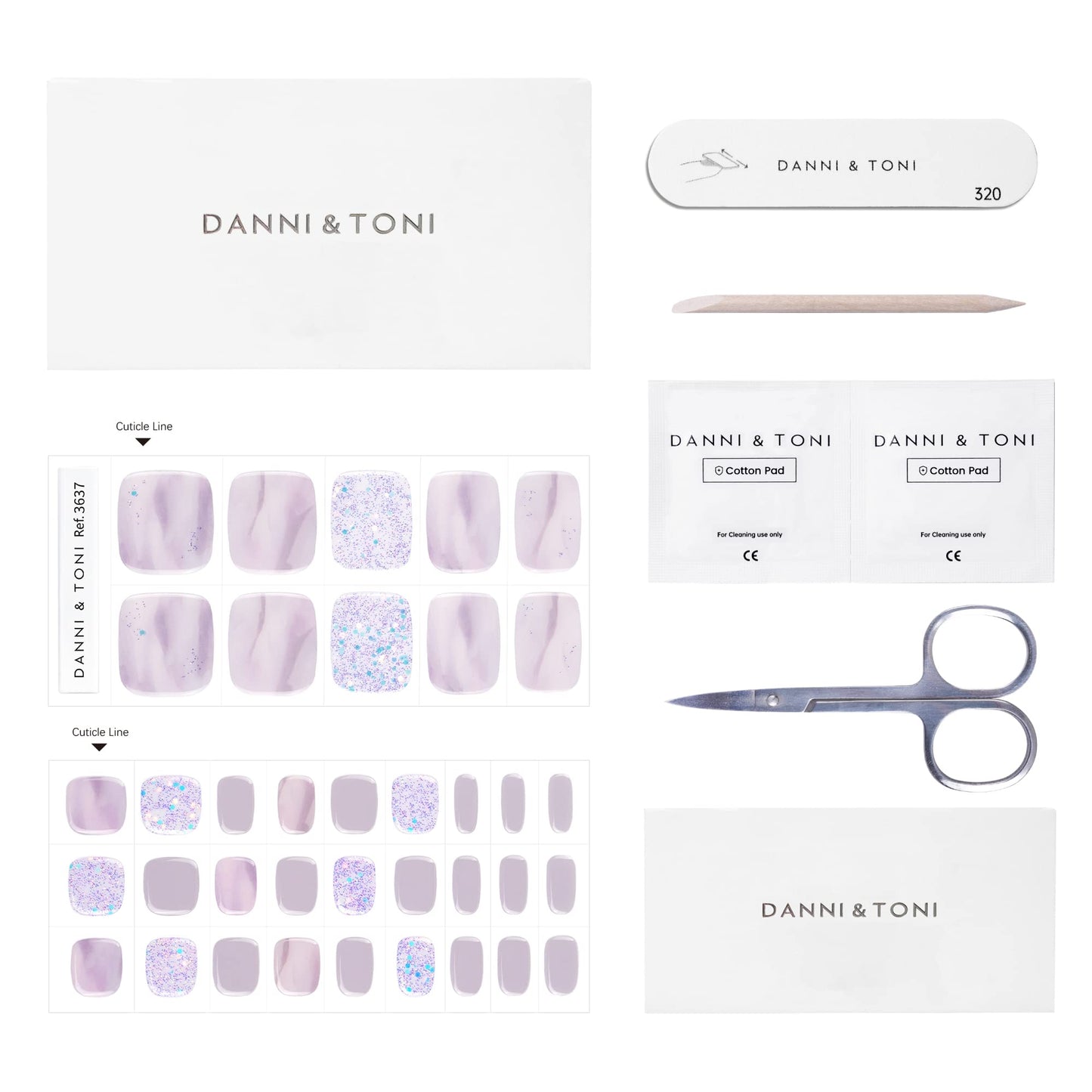 DANNI & TONI Semi Cured Gel Toenail Strips Purple Ombre(Lavender Dreamscape) Purple Glitters Gel Toenail Stickers Grey Toenail Polish Strips 37 Stickers