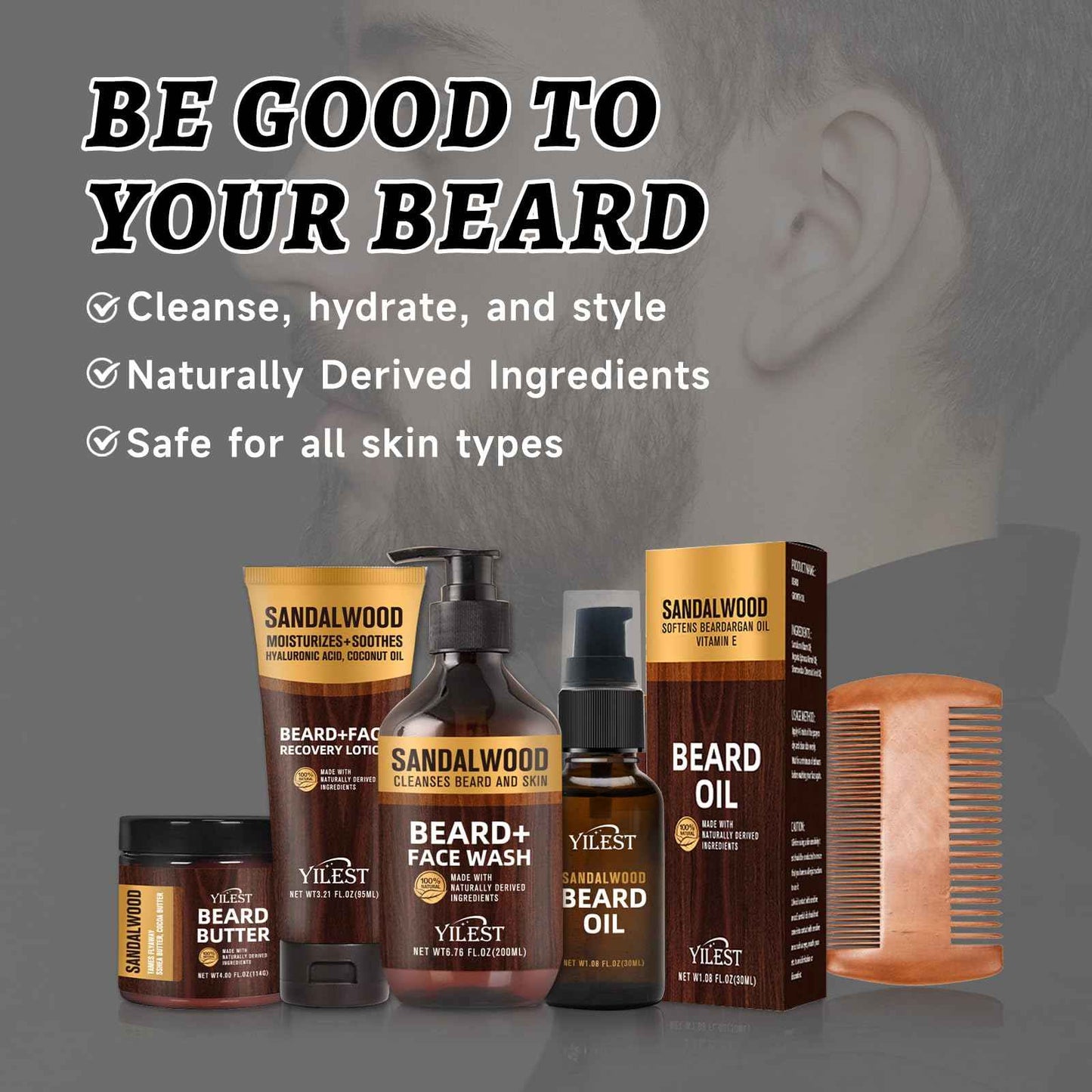Sandalwood Beard Care Set | Nourish Follicles for Elastic Growth, Deeply Condition with Butter & Oil, Soothe Skin with Recovery Lotion & Gentle Wash