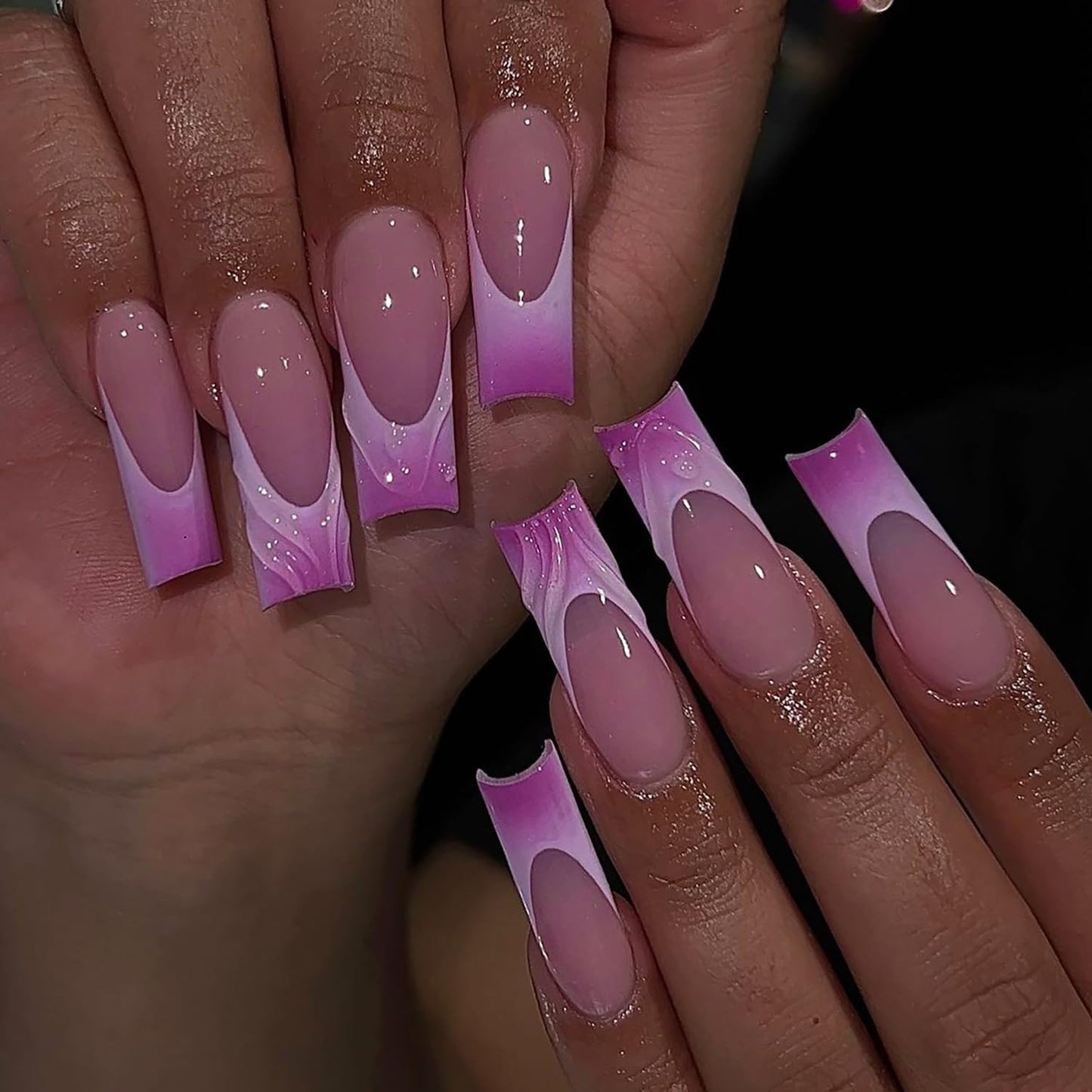 24 Pcs Long Coffin Press on Nails Nude Pink Fake Nails French Tip False Nails with Fink Purple Gradation Designs Fake Nail 3D Water Ripple Acrylic Nails Full Cover Glue on Nails for Women and Girls