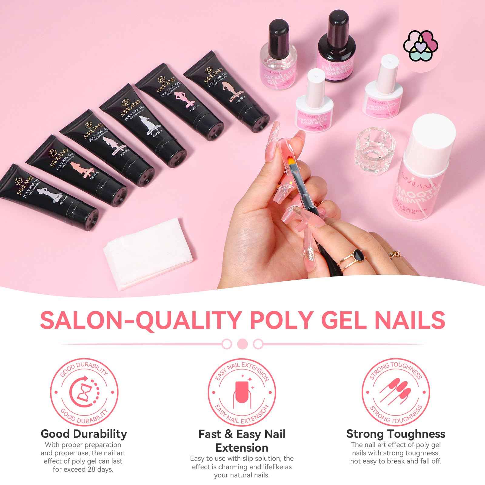 Saviland All-in-1 Poly Gel Nail Kit：6 PCS Nail Extension Kit with 220W U V Light Slip Solution Base & Top Gel Dual Forms U V Gloves for Home Salon