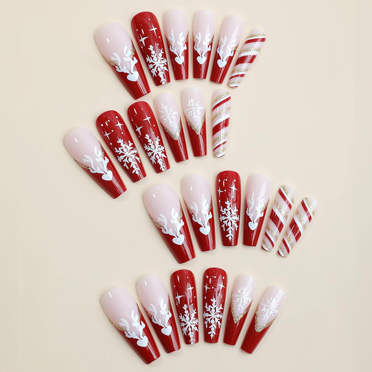 24Pcs Red Christmas Press on Nails Long Coffin Fake Nails French Tip Press on Nails with Elk and Snowflake Design Gold Glitter Acrylic Nails Glossy Glue on Nails Stick on Nails for Women and Girls