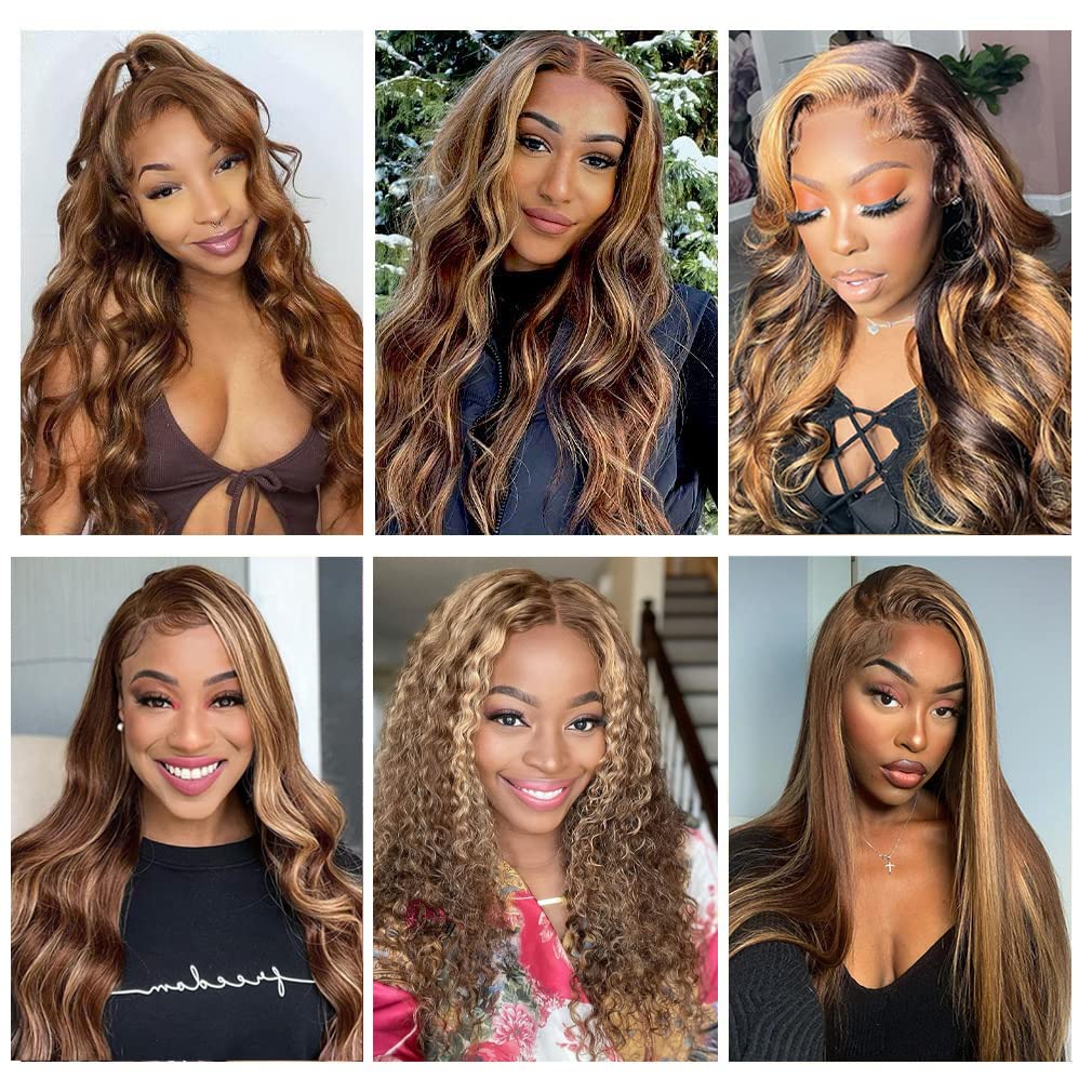 litmisr 13x4 Highlight Ombre Lace Front Wig Human Hair 180% Density 4/27 Honey Blonde Lace Frontal Wigs Pre Plucked with Baby Hair Ombre Body Wave Lace Front wig Human Hair for Black Women 22inch