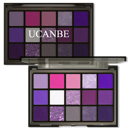 UCANBE Purple Eyeshadow Makeup Palette, 15 Colors Dark Smokey Shimmer Matte Metallic Glitter Eye Shadow Pallet, Violet Lavender Pink Make Up Kit for Cosplay Halloween Ursula Witch Costume Parties