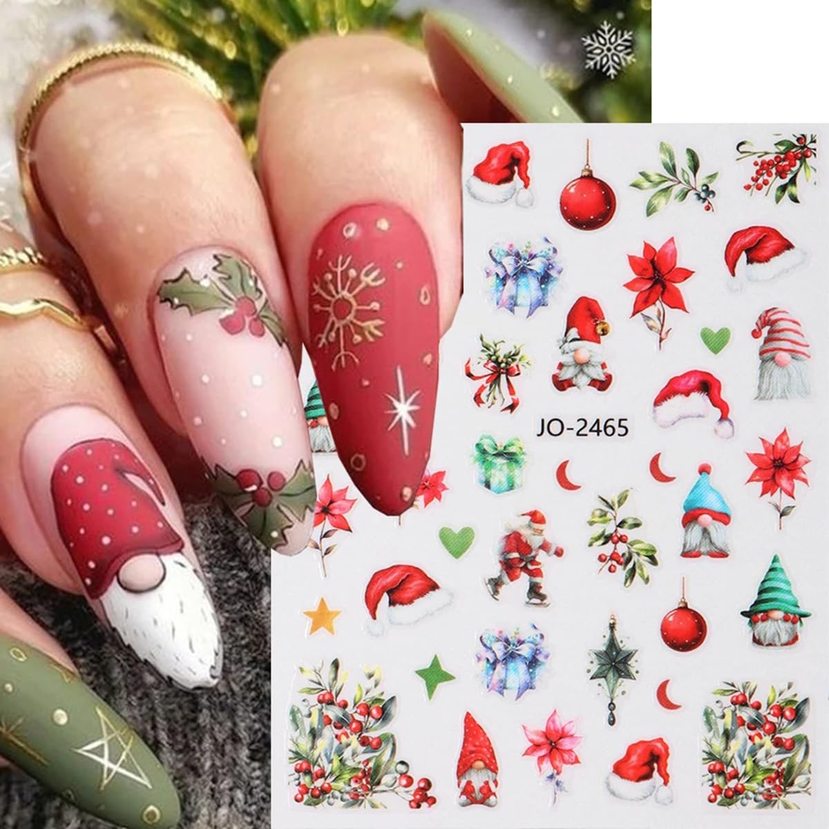 8 Sheets Christmas Nail Art Stickers 3D Self-Adhesive Cute Holiday Nail Stickers Snowmen Santa Claus Elk Designs Sticker Acrylic Nail Supplies Winter Nail Decals for Women Girls Manicure Decoration