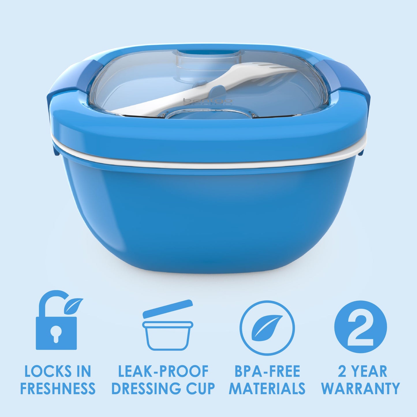 Bentgo All-in-One Salad Container - Large Salad Bowl, Bento Box Tray, Leak-Proof Sauce Container, Airtight Lid, & Fork for Healthy Adult Lunches; BPA-Free & Dishwasher/Microwave Safe (Blue)