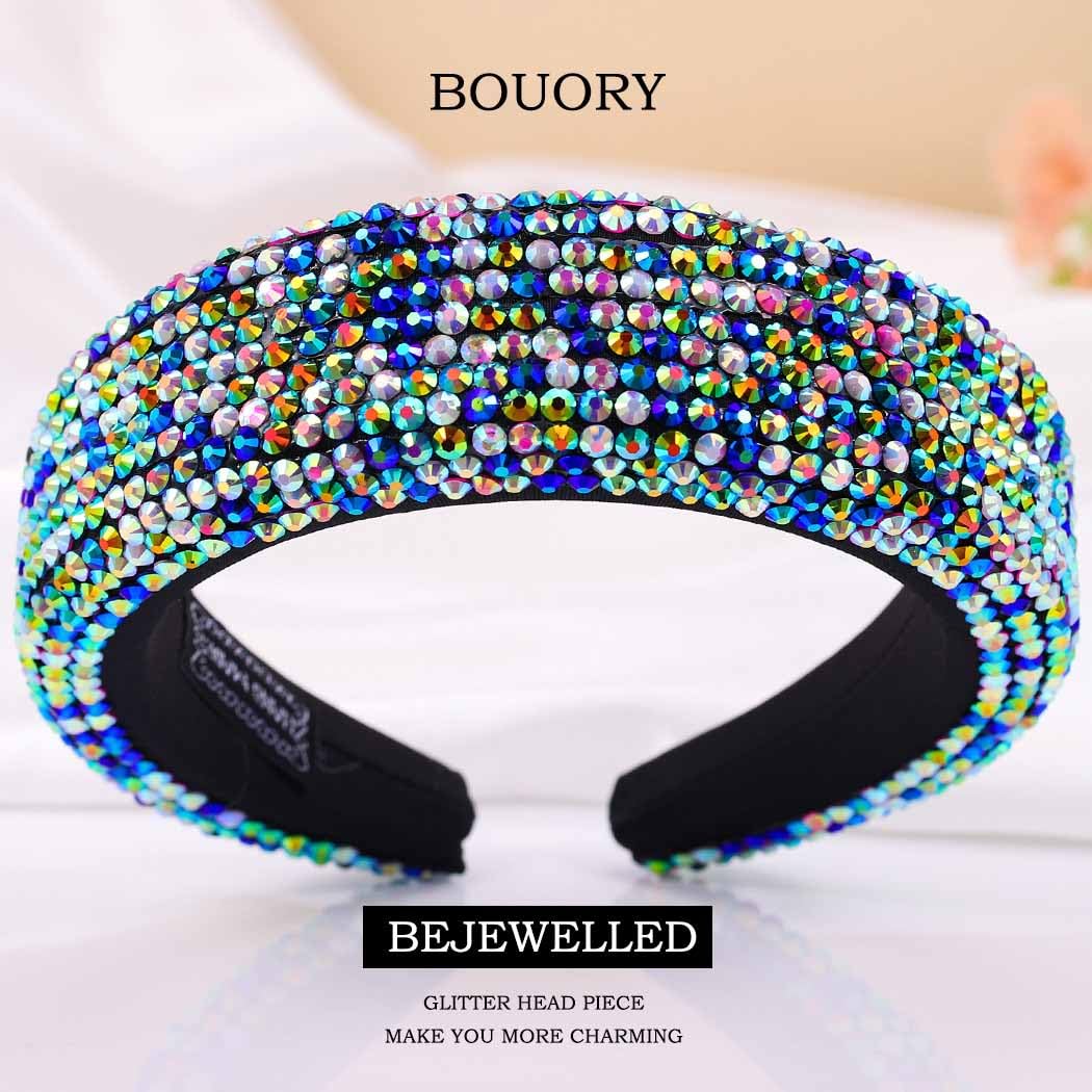 Bouory Sparkly Rhinestone Headbands Padded Wide Hairband Bling Crystal Head Bands for Women 1PCS Corlorful