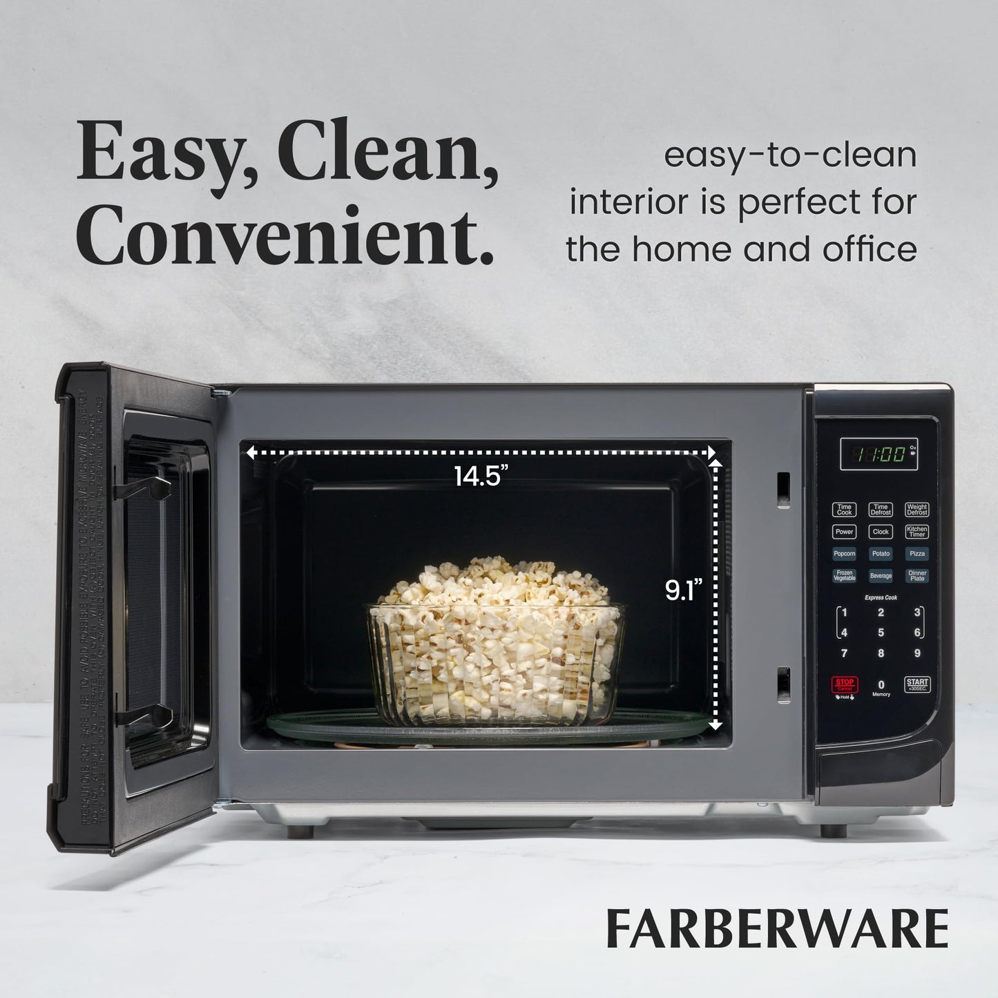 Farberware FM11BKA Compact Countertop Microwave Oven 1.1 Cu. Ft. 1100-Watt with LED Lighting, Child Lock, Easy Clean Grey Interior, Black