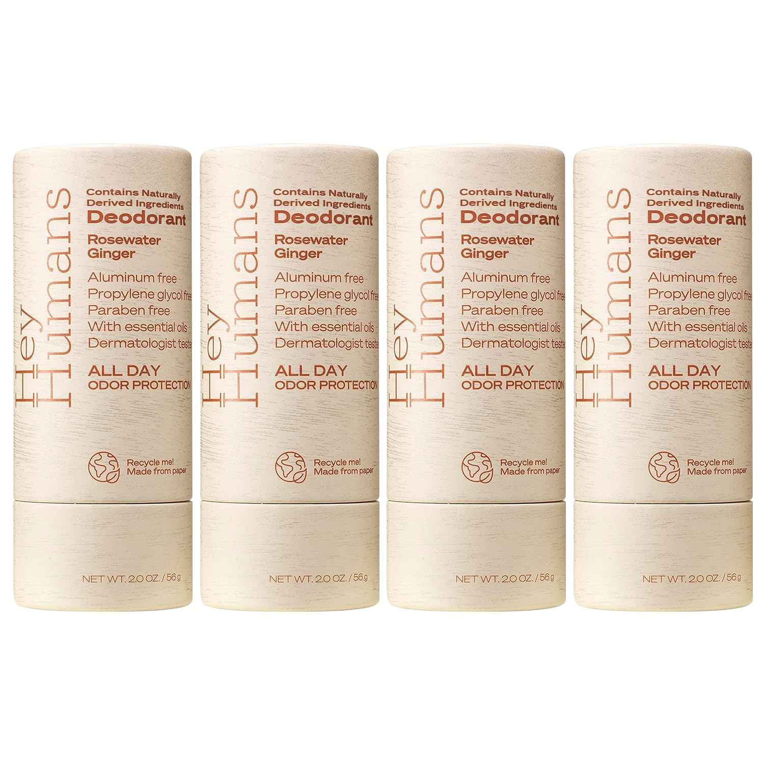 Hey Humans Aluminum Free Deodorant for Women and Men, Contains Naturally Derived Ingredients, Long Lasting Odor Control with Refreshing Essential Oils Pack of 4 Rosewater Ginger