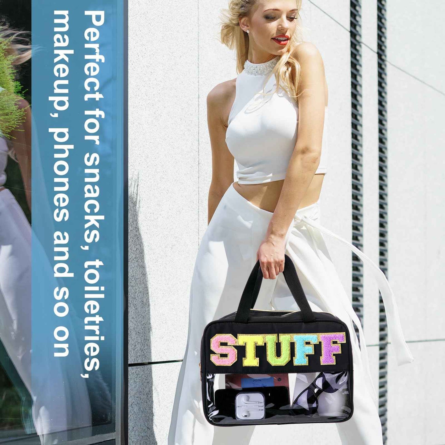 Pinkunn Large Stuff Bags with Handle Double Zippered Chenille Letter Stuff Bag Black Extra Large Clear Travel Pouch Waterproof Nylon Makeup Cosmetic Bag for Women Girls Travel Toiletry Supplies