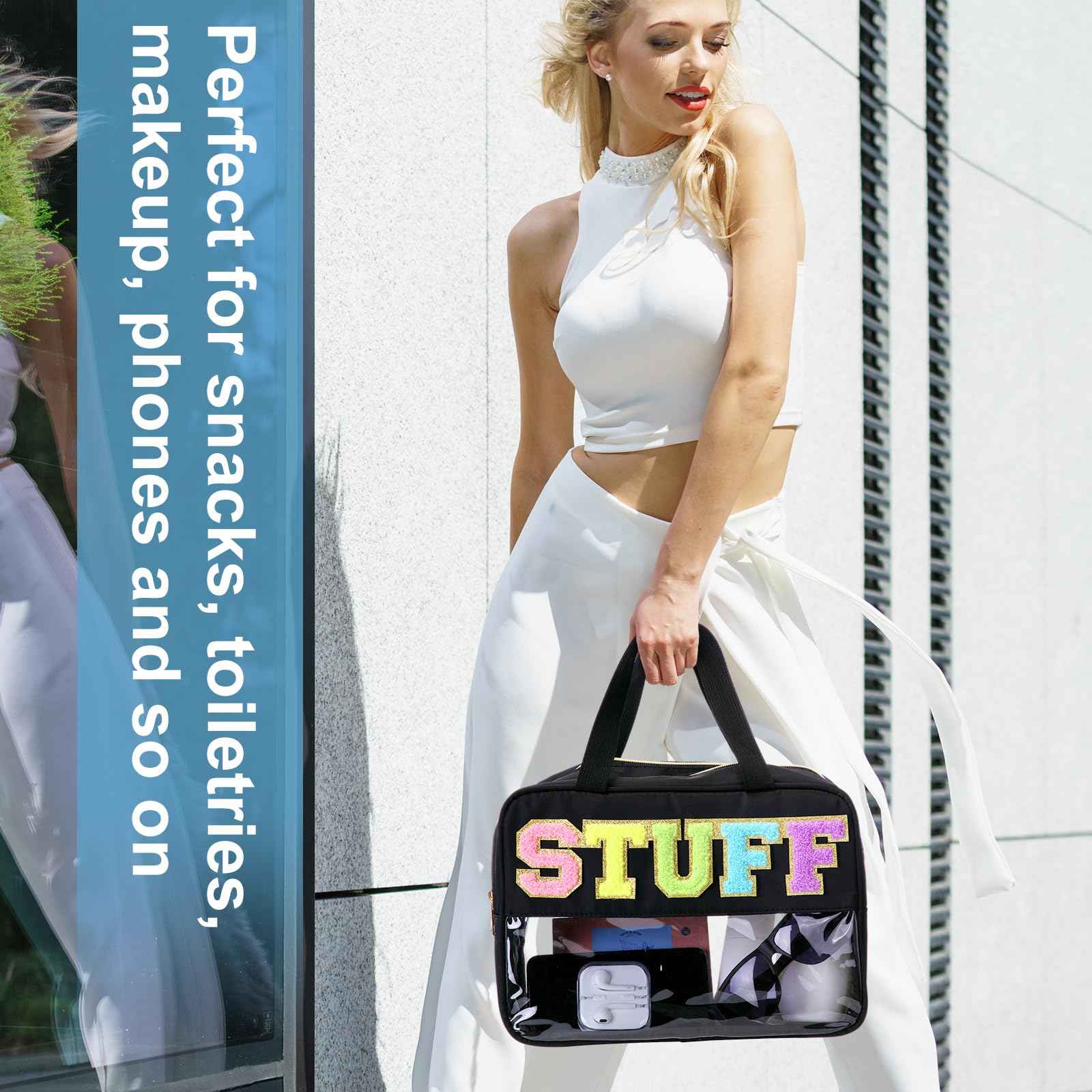 Pinkunn Large Stuff Bags with Handle Double Zippered Chenille Letter Stuff Bag Black Extra Large Clear Travel Pouch Waterproof Nylon Makeup Cosmetic Bag for Women Girls Travel Toiletry Supplies