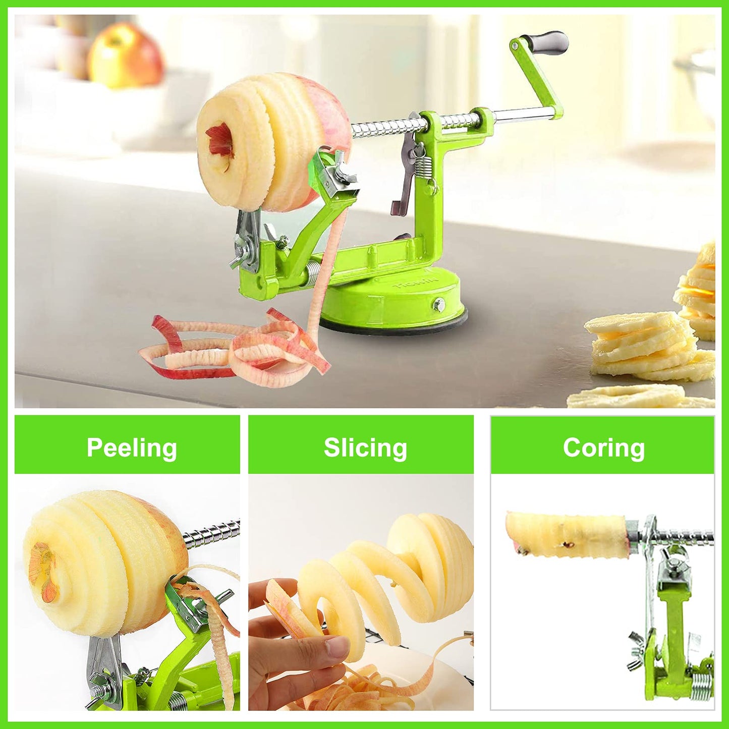 TIGWIN Apple Peeler Corer, Long lasting Chrome Cast Magnesium Alloy Apple Peeler Slicer Corer with Stainless Steel Blades and Powerful Suction Base for Apples and Potato(Green)